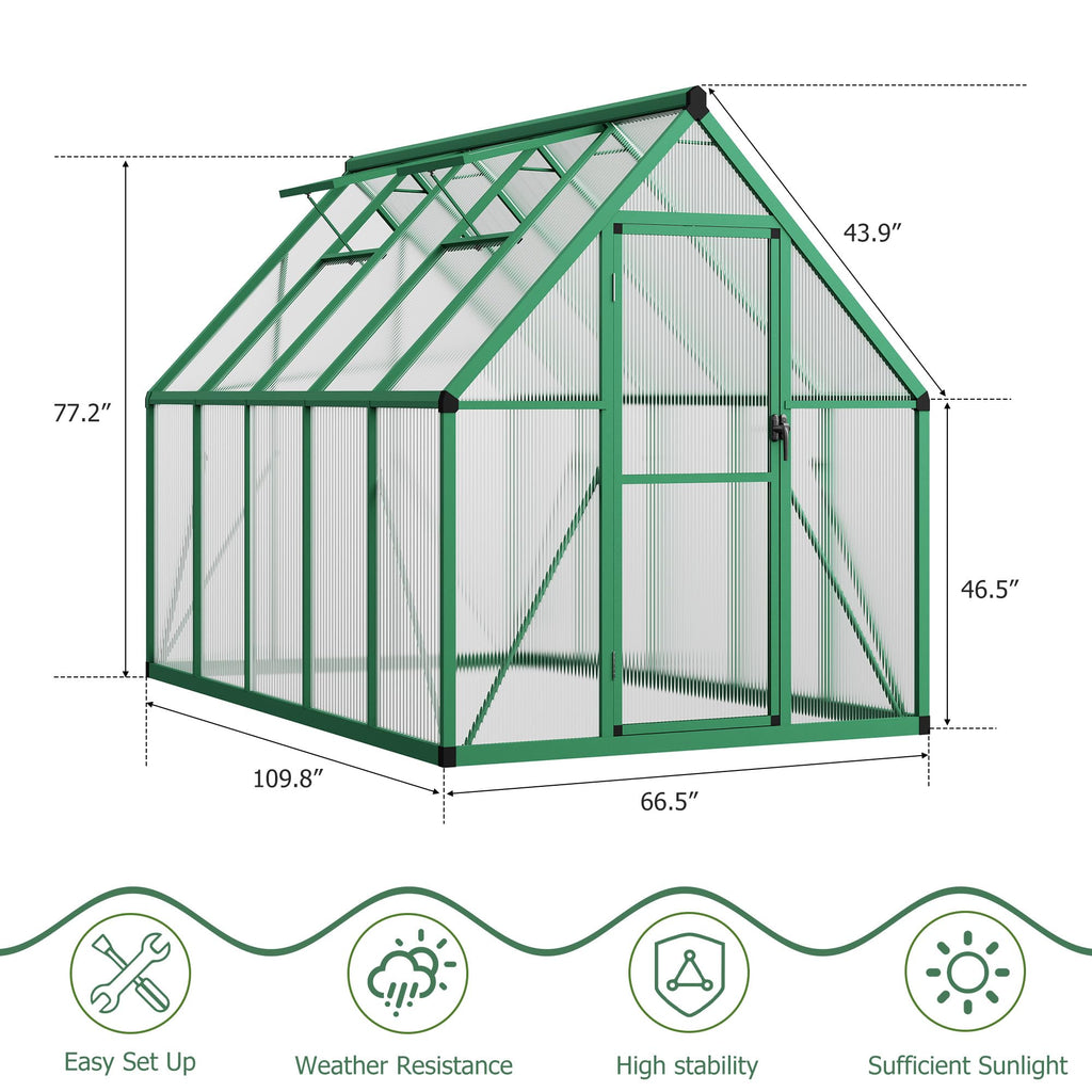 Garvee 6' x 9' Polycarbonate Walk-In Greenhouse, Aluminum Frame Greenhouse with 4mm Twin-Wall Panels, Lockable Door, Roof Vent & Ground Stakes, Green