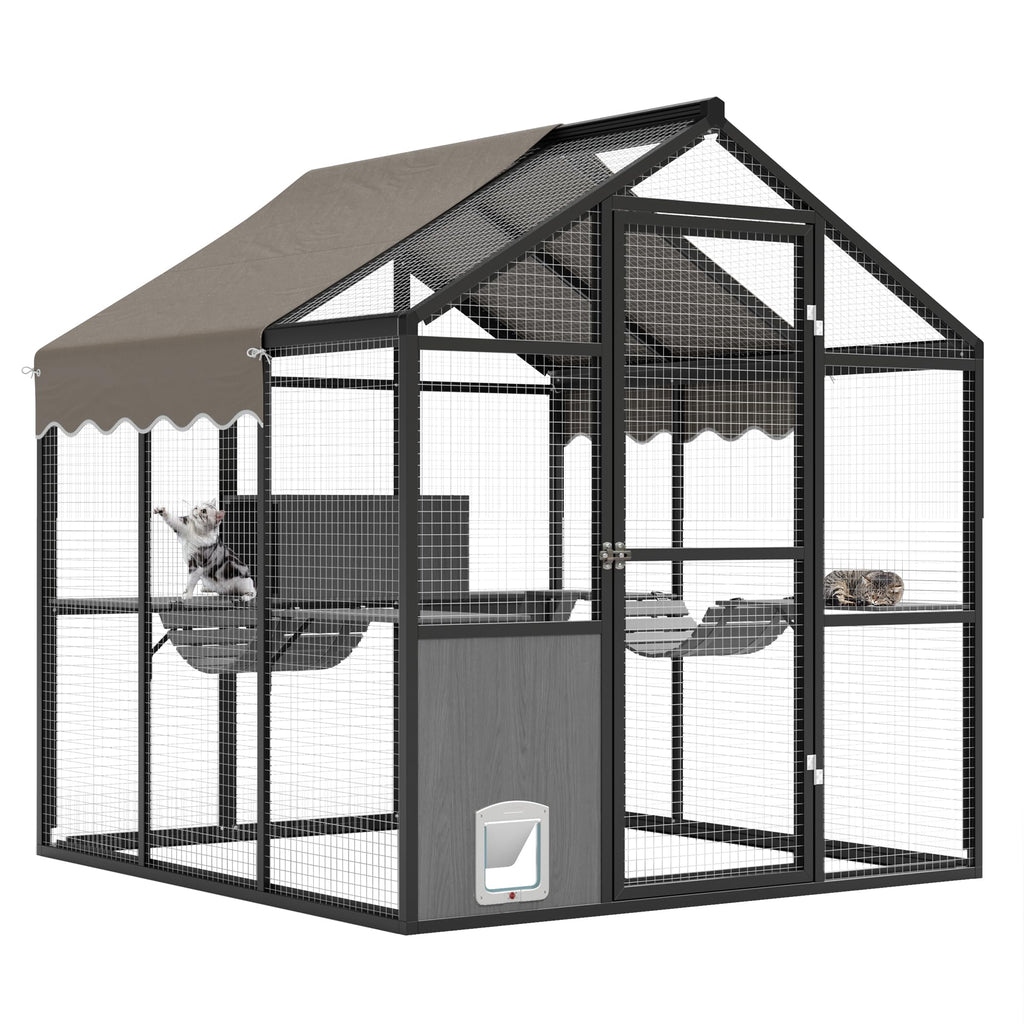 Garvee Catio Outdoor Cat Enclosure, Large Catio with Weatherproof Roof, Channels & Side Door, UV Proof Cover, Huge Condo, Platform, Aluminum Outdoor Cat Enclosure, 70"Lx72"Wx76"H
