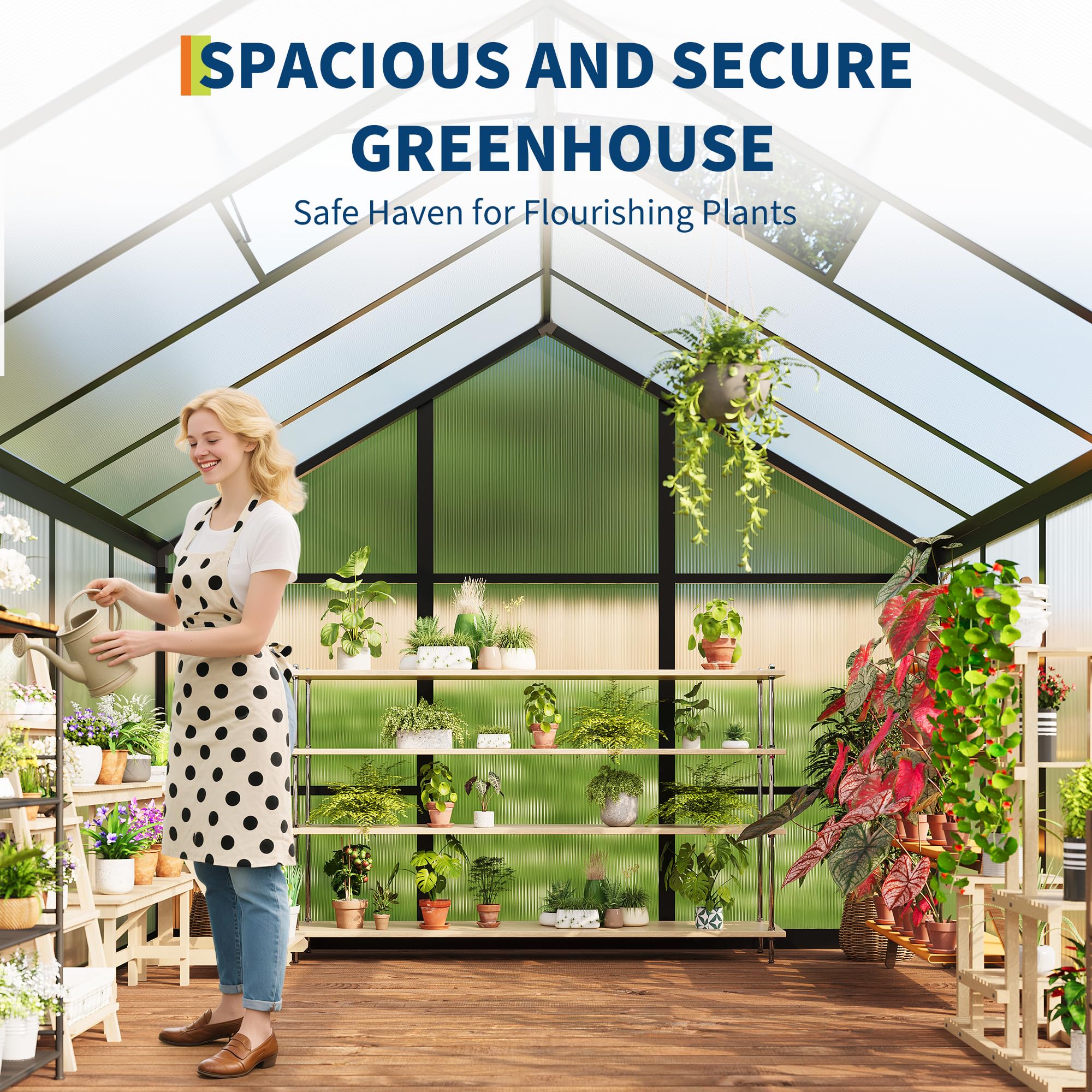 Garvee 6 × 10 ft Walk-In Greenhouse, Polycarbonate Greenhouse with Aluminum Frame, Roof Vent, Gutter System & Lockable Sliding Door for Backyard Garden