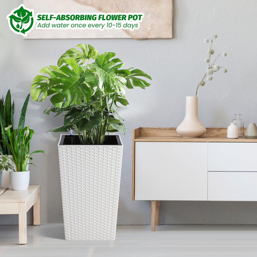 Garvee 16 Inch Tall Rattan Planter Set of 2 with Water Level Monitor & Wheels, Durable Weather-Resistant Plastic, Self-Watering, White, for Patio & Indoor