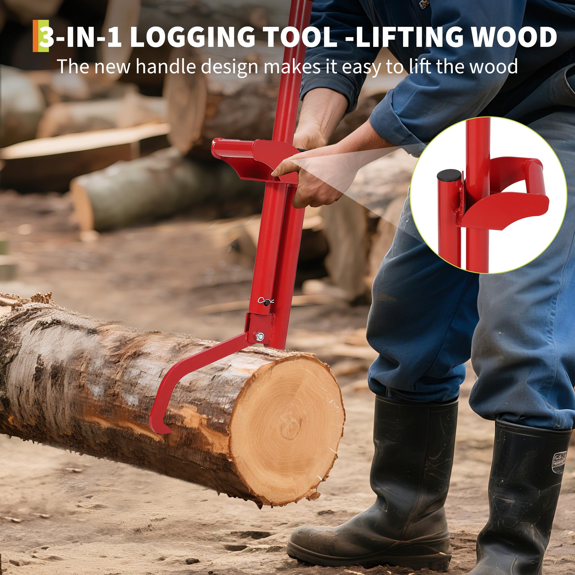 Garvee 3-IN-1 Logging Tool Cant Hook Log Hauler Timberjack Carbon Steel Red Durable Versatile Firewood Harvesting