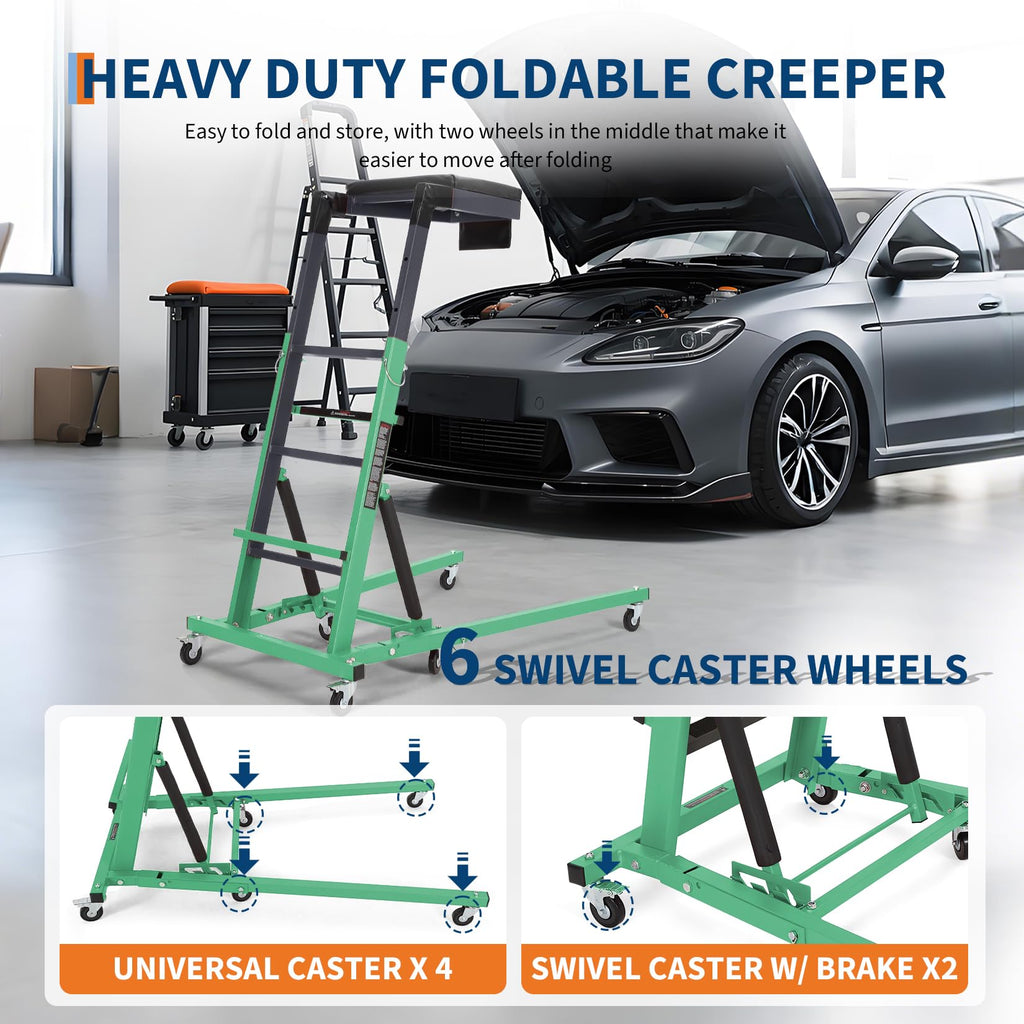 Garvee Top Automotive Creeper Adjustable Height 49.21-68.89" 400 LBS Capacity 6 Swivel Casters Steel Frame Foldable Garage Use