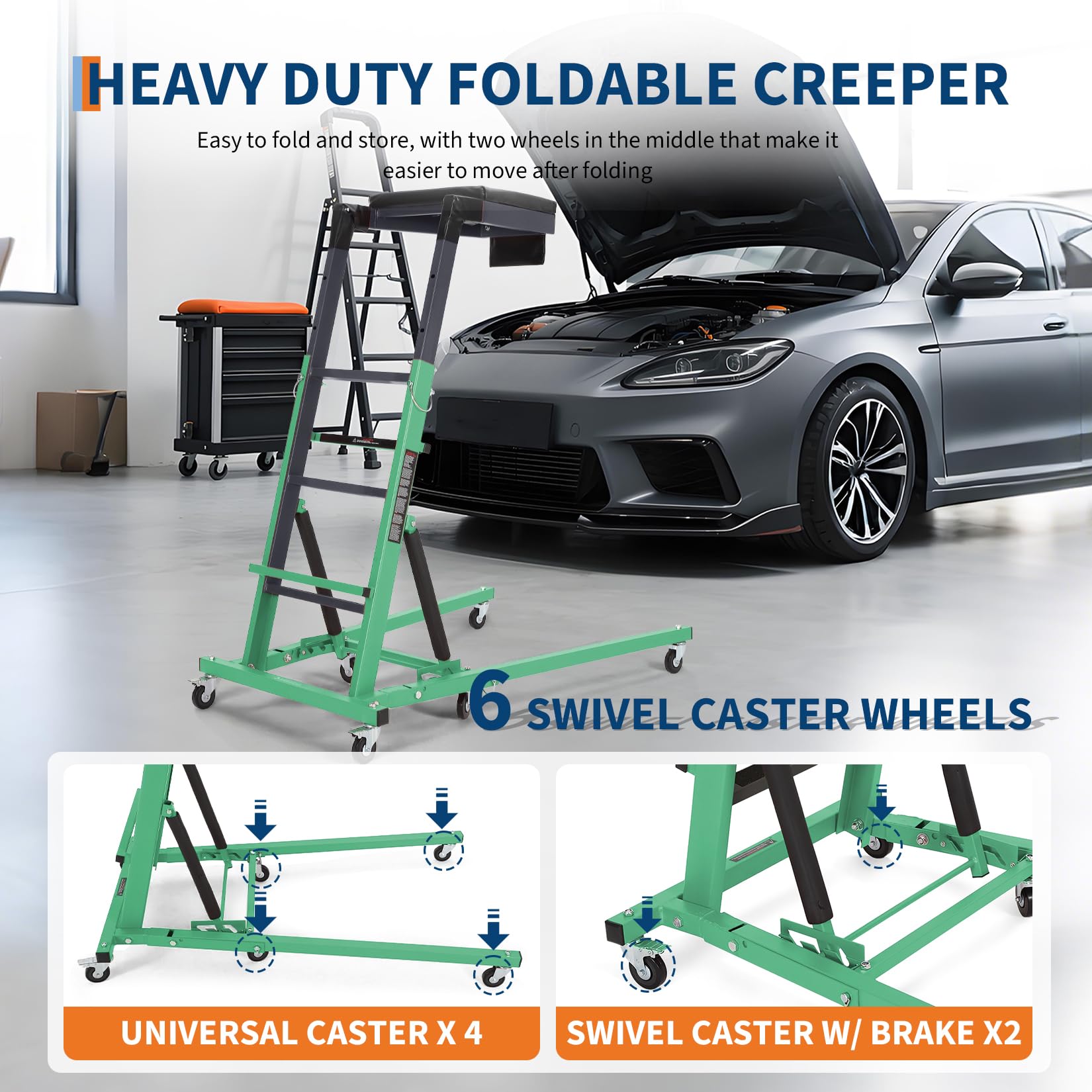 Garvee Top Automotive Creeper Adjustable Height 49.21-68.89" 400 LBS Capacity 6 Swivel Casters Steel Frame Foldable Garage Use