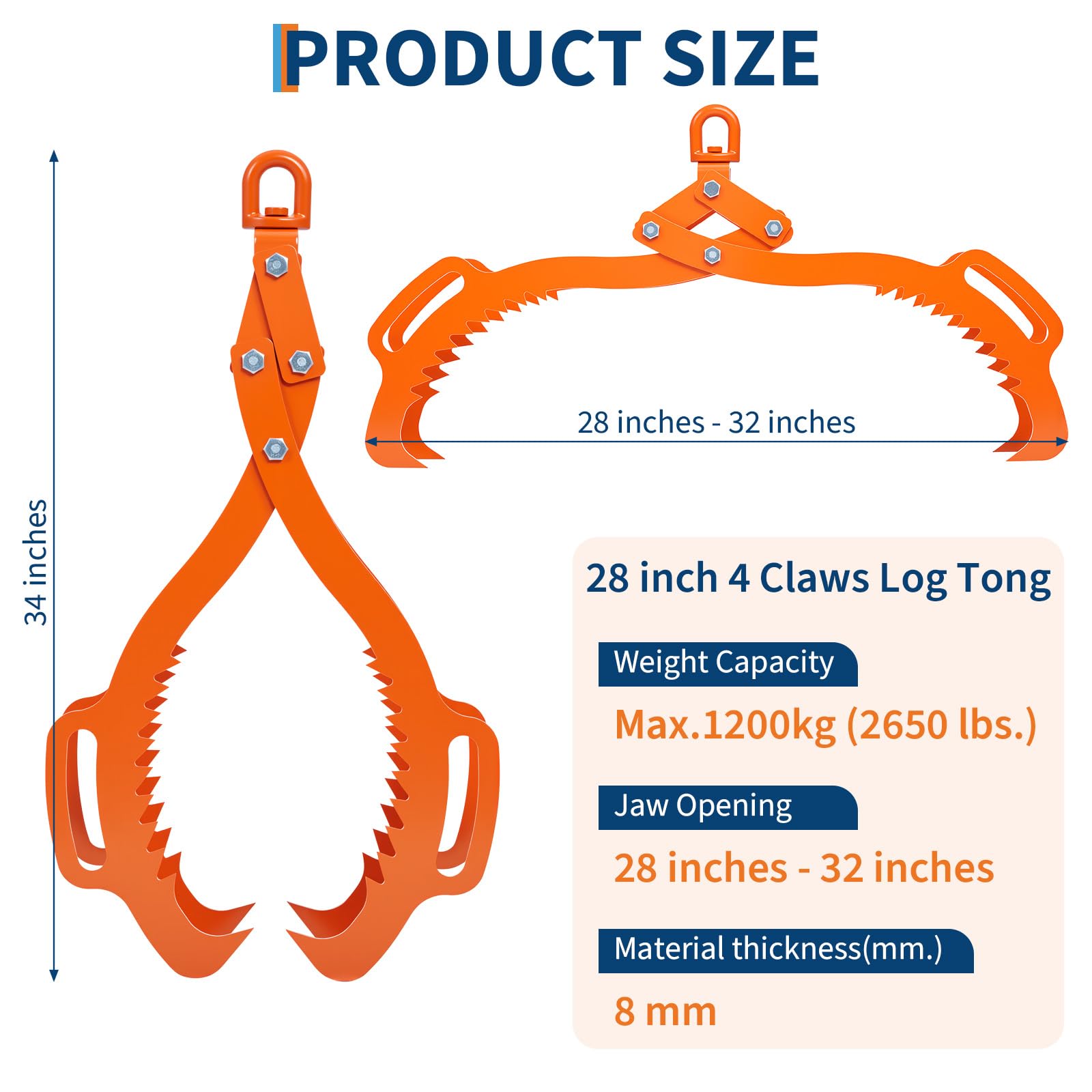 Garvee Heavy-Duty Log Lifting Tongs 28in 4 Claw Serrated Steel Non-Slip Grip Powder-Coated Durable Orange Forestry & Logging