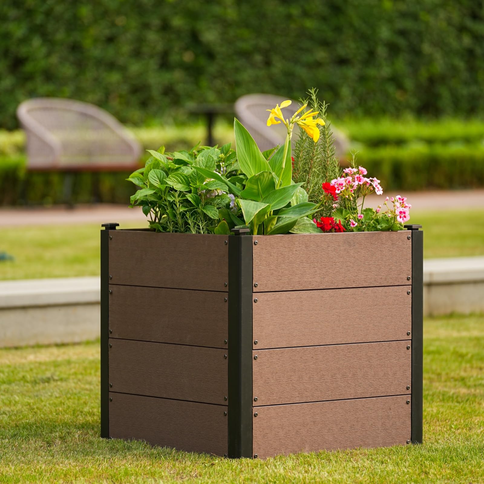 Garvee 25" × 25" × 23" Wood-Look Composite Raised Garden Bed, Planter Box with Bottom Panel & Drainage, Brown