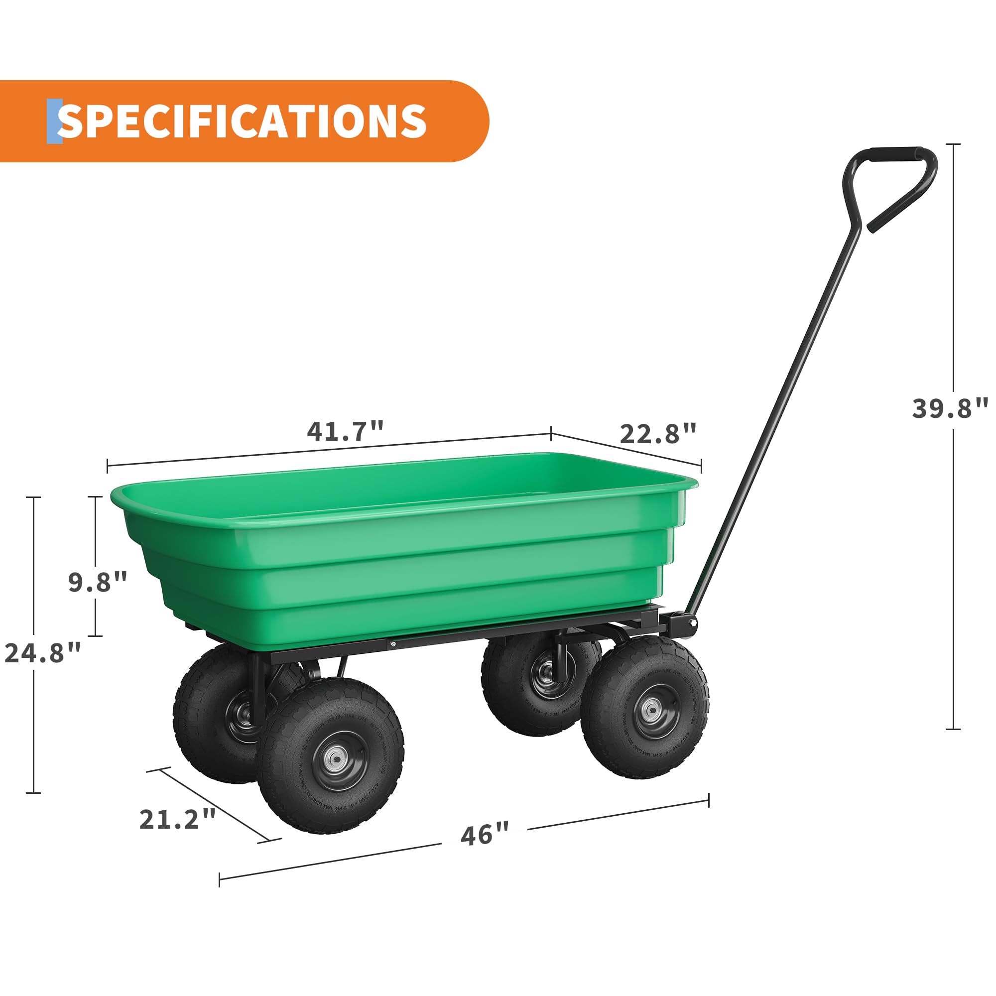 Garvee 1200 lb All-Terrain Yard Wagon, Heavy-Duty Garden Cart with Quick Dump Poly Bed, Adjustable Handle & Pneumatic Tires for Soil, Mulch, Plants & Tools