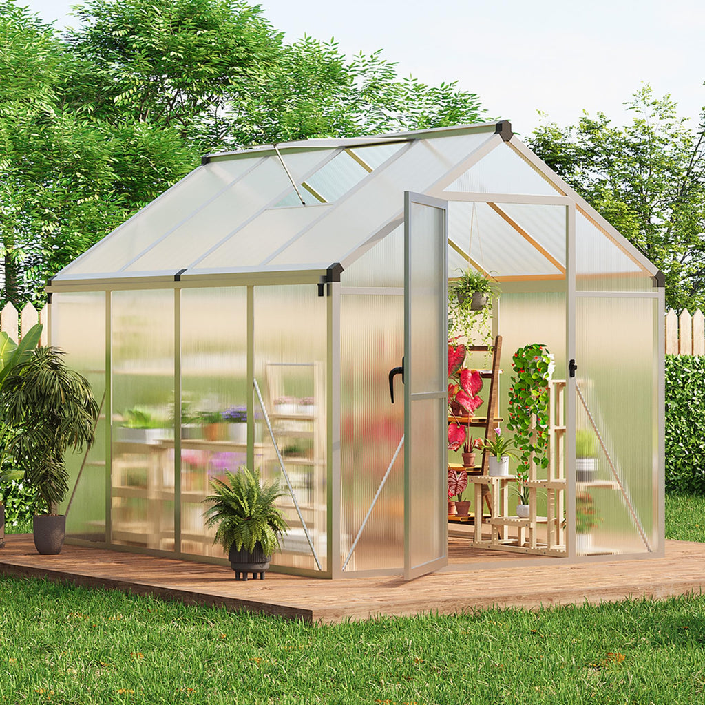 Garvee 6x8 FT Walk-in Greenhouse Aluminum Frame Polycarbonate Panels Roof Vent Ground Nails Backyard Garden