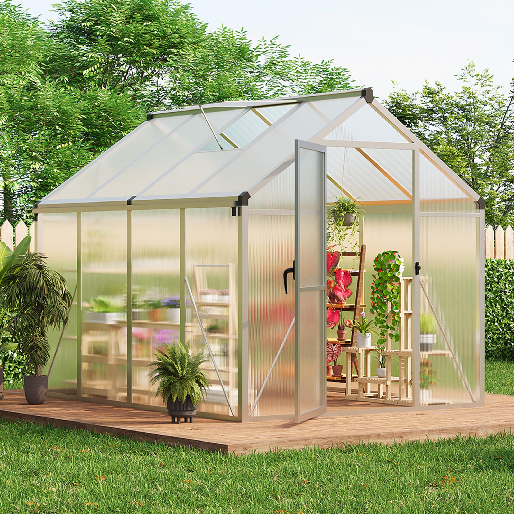 Garvee 6x8 FT Walk-in Greenhouse Aluminum Frame Polycarbonate Panels Roof Vent Ground Nails Backyard Garden