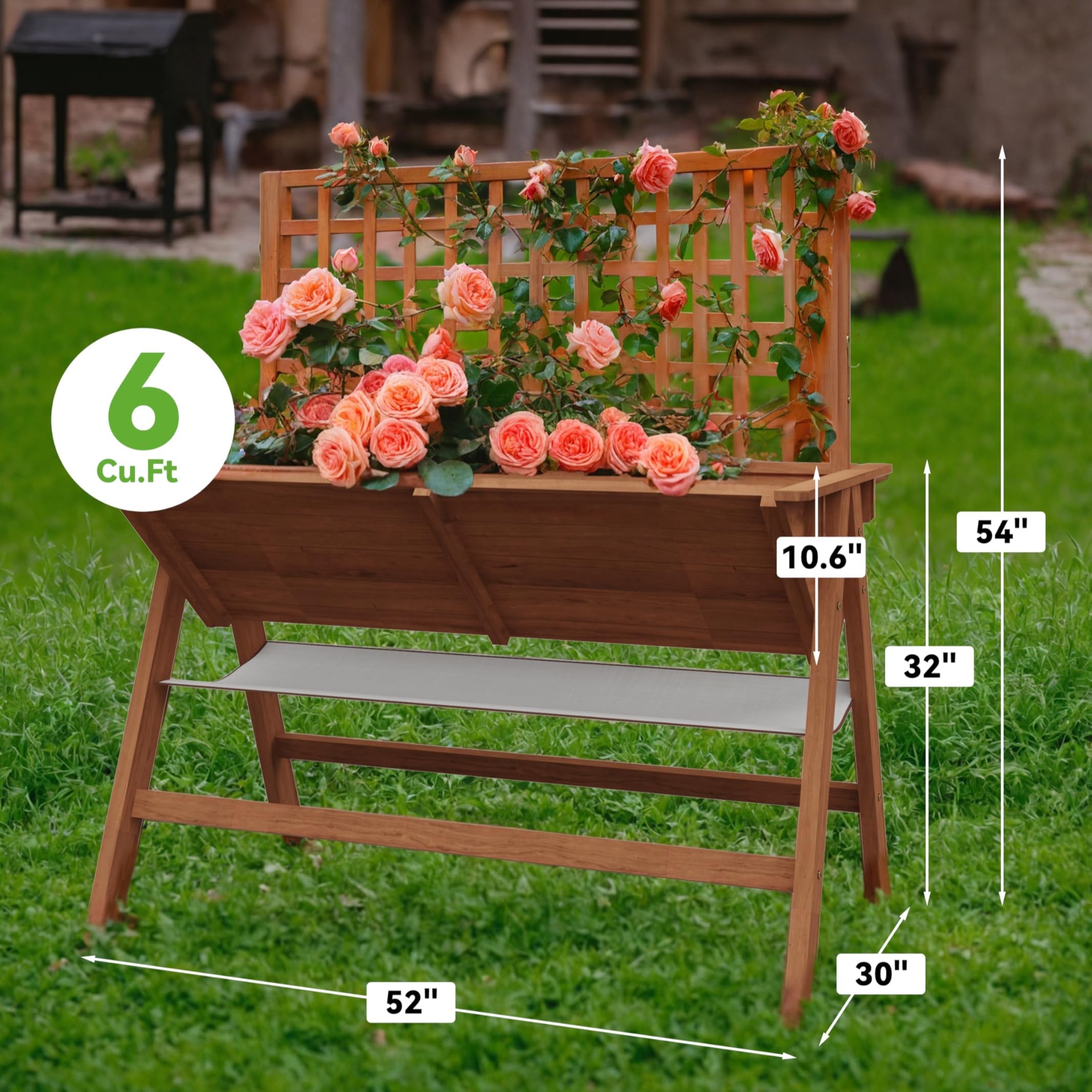 Garvee 52x30x54in Raised Garden Bed with Legs, Elevated Wooden Raised Planter Box with Vine Climbing Trellis Outdoor Standing Growing Bed for Growing Vegetables Flowers Herbs