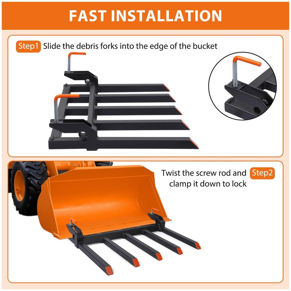 GARVEE 42" Clamp-On Debris Forks - 2500LB Capacity, 5-Tine Steel Design for Tractors & Skid Steers (Durable, Easy Install, Farm/Construction)