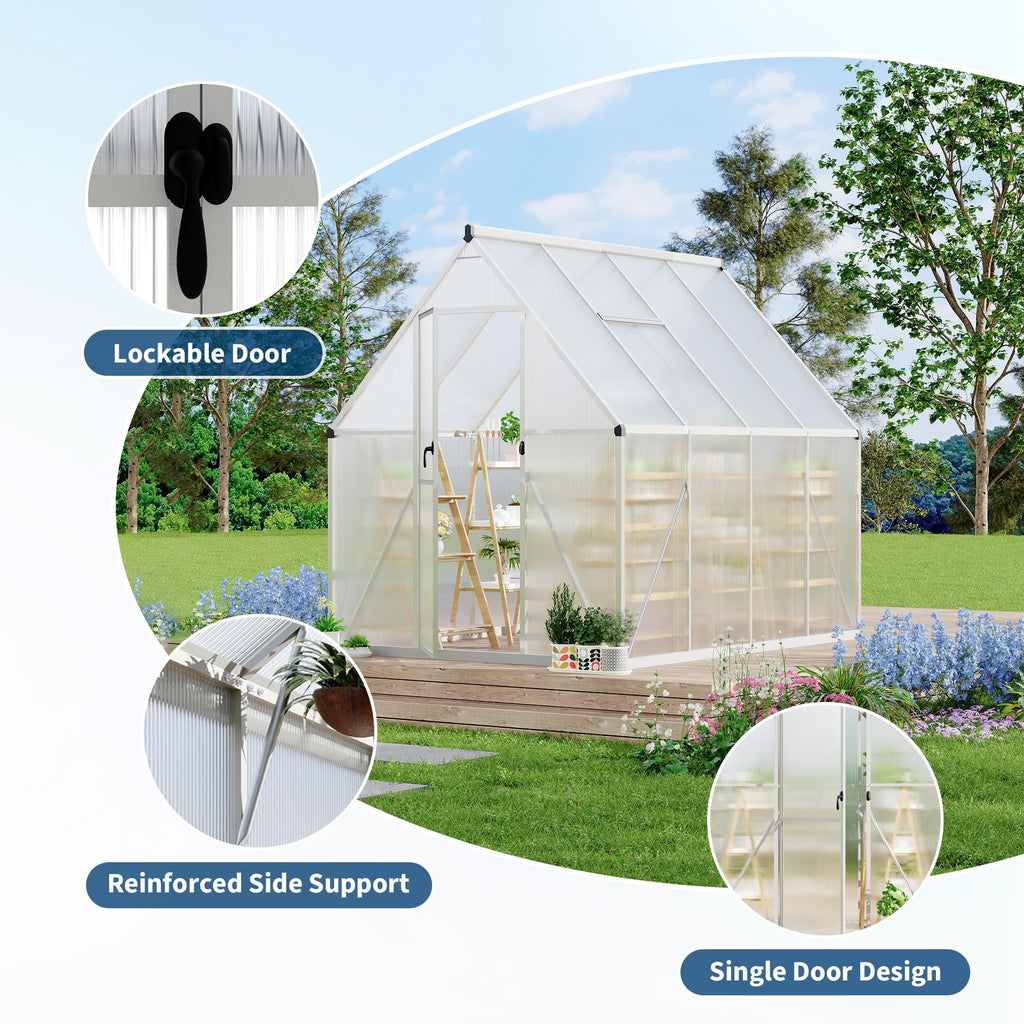 Garvee 6x7 FT Heavy Duty Aluminum Polycarbonate Greenhouse – Large Walk-In Structure, Quick Setup, Roof Vent, Lockable Door, Rain Gutter – Ideal for Patio, Backyard, Garden – Silver