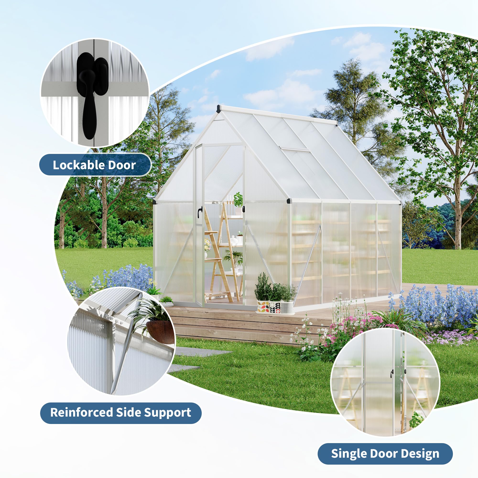 Garvee 6x7 FT Heavy Duty Aluminum Polycarbonate Greenhouse – Large Walk-In Structure, Quick Setup, Roof Vent, Lockable Door, Rain Gutter – Ideal for Patio, Backyard, Garden – Silver