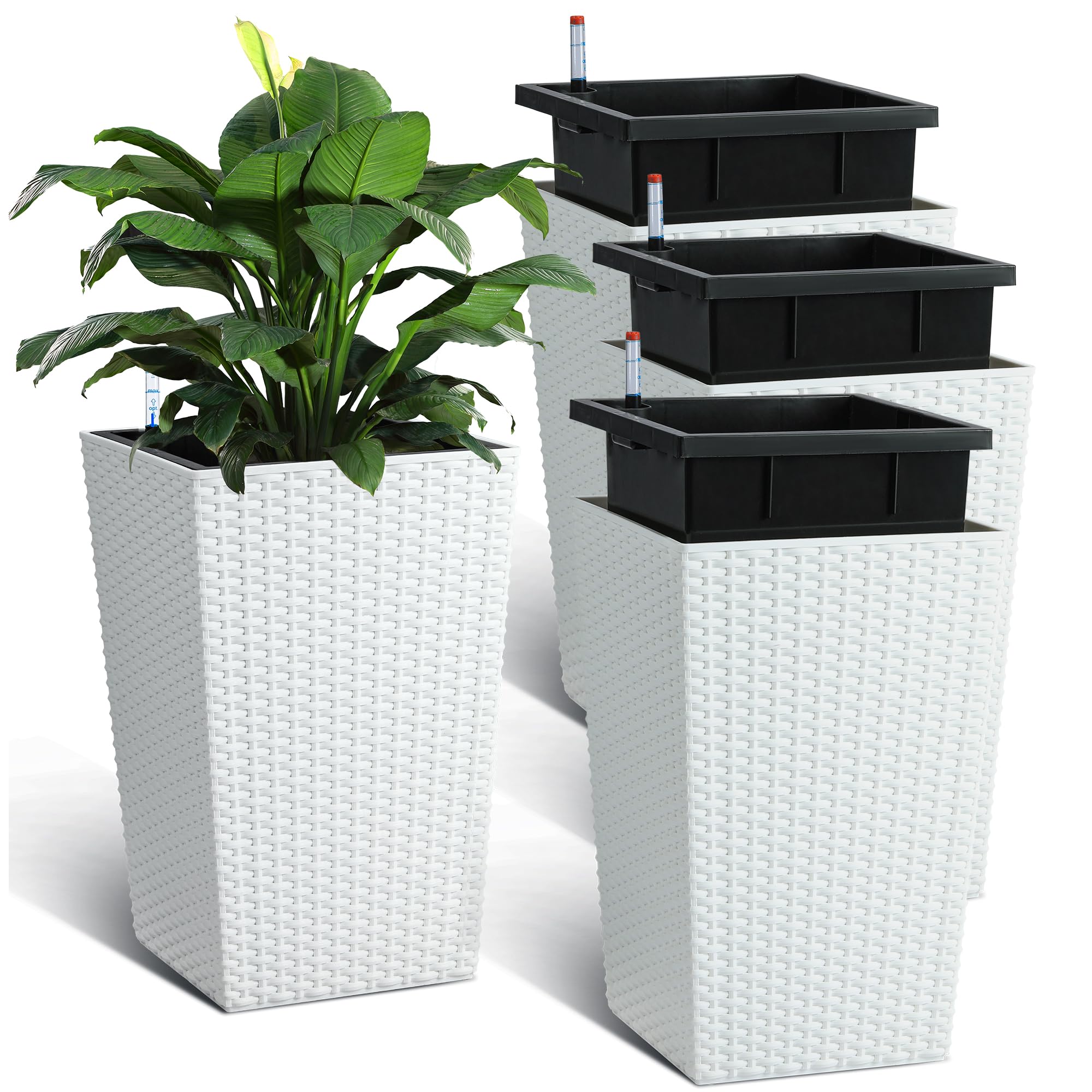 Garvee Tall Rattan Planter Set of 4,Self Watering Plant Pots with Water Level Monitor, Outdoor&Indoor Flower Pots for Patio,Porch, Living Room,Home Office