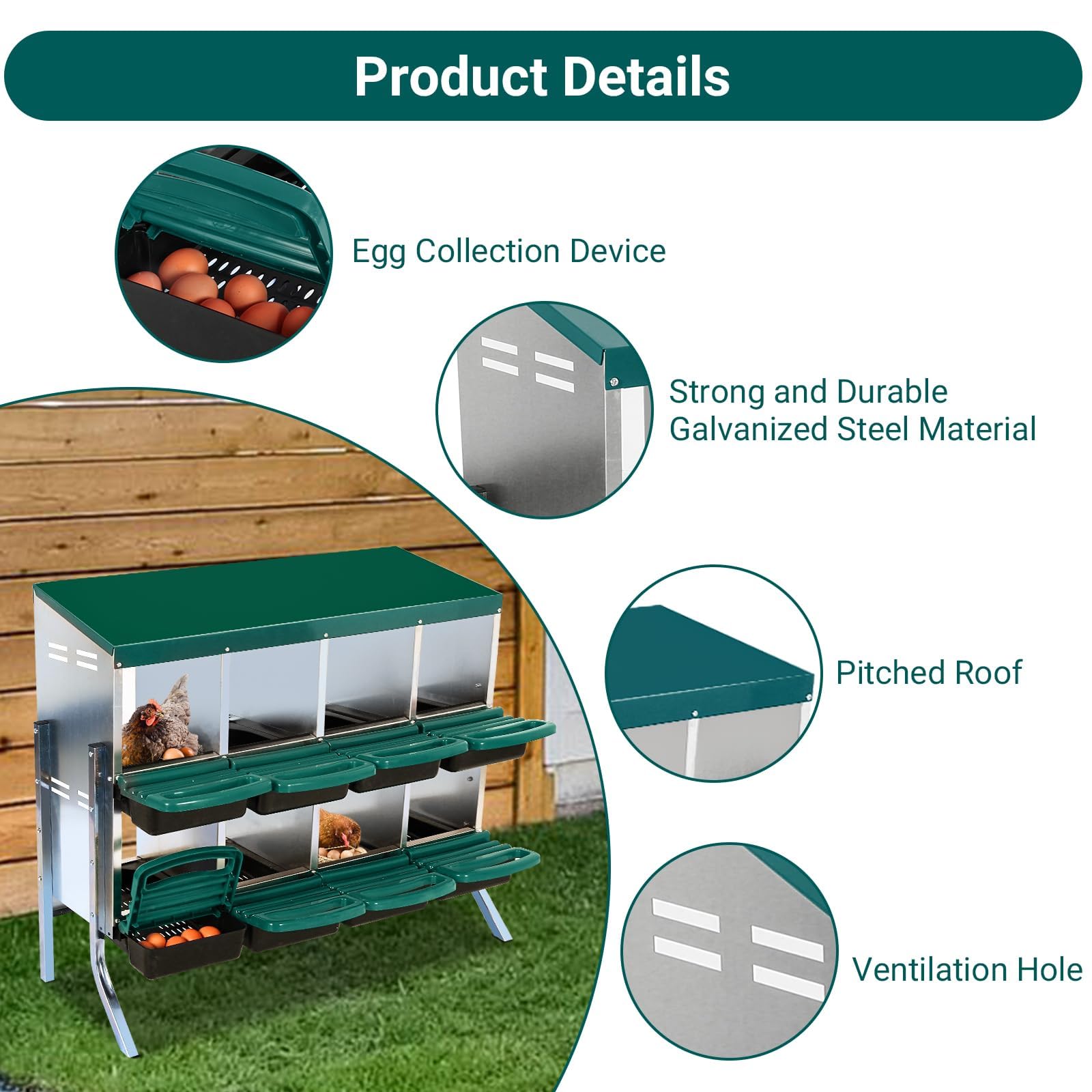 Garvee 8-Compartment Galvanized Steel Chicken Nest Box - 0.8mm Green w/Tilt Design, Vent Holes, Removable Trays & Stand for Coops