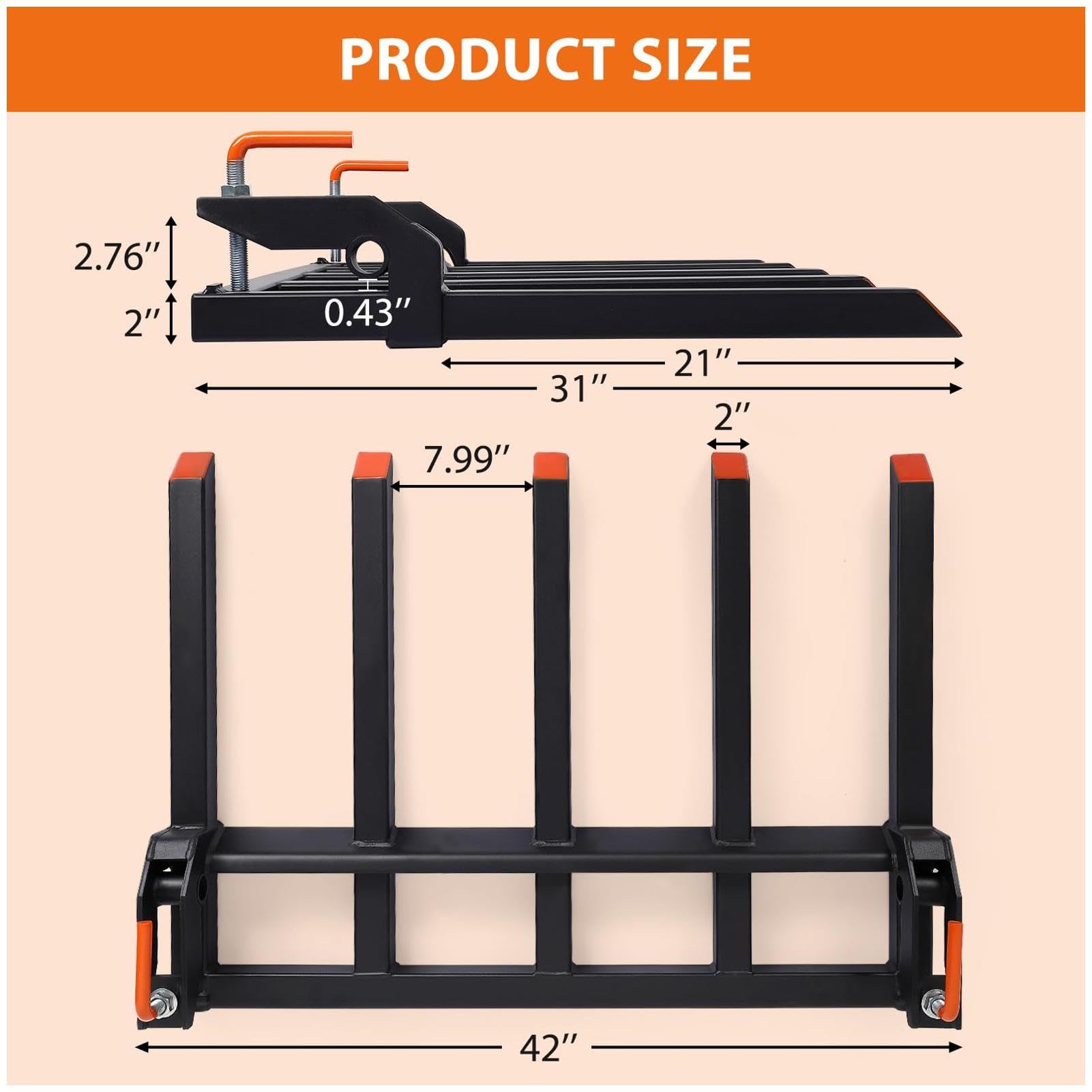 GARVEE 42" Clamp-On Debris Forks - 2500LB Capacity, 5-Tine Steel Design for Tractors & Skid Steers (Durable, Easy Install, Farm/Construction)