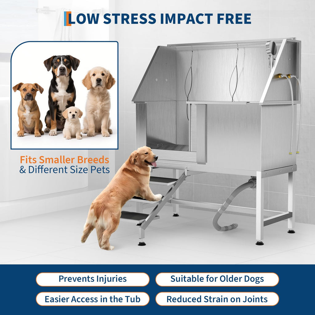 Garvee 50" Stainless Steel Dog Wash Tub, Dog Grooming Bathing Station with Non-Slip Stairs & Floor Grate, Large, Medium & Small Pets Bathtub for Grooming Salon/Home Use, Left-Side