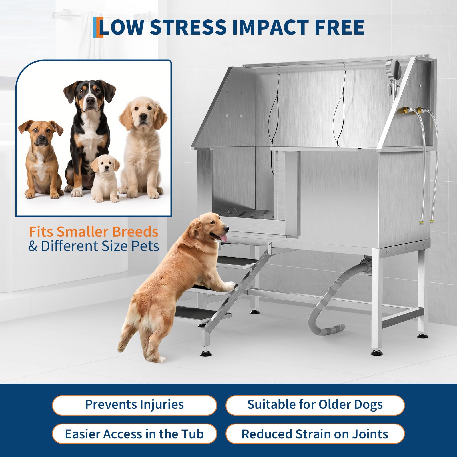 Garvee 50" Stainless Steel Dog Wash Tub, Dog Grooming Bathing Station with Non-Slip Stairs & Floor Grate, Large, Medium & Small Pets Bathtub for Grooming Salon/Home Use, Left-Side