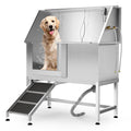 Garvee 50" Stainless Steel Dog Washing Station, Dog Bathtub with Non-Slip Stairs & Storage Shelf, Slip-Resistant Floor Grate, Adjustable Platform for Grooming Salon & Home Use, Leftdoor
