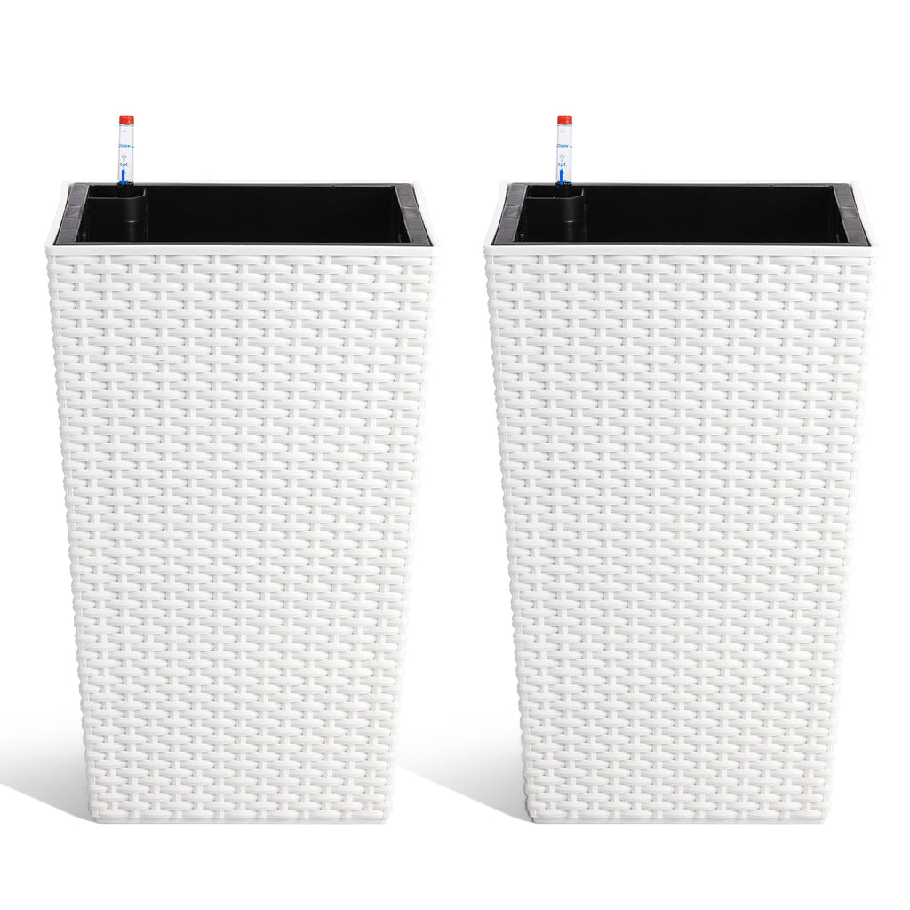 Garvee 16 Inch Tall Rattan Planter Set of 2 with Water Level Monitor & Wheels, Durable Weather-Resistant Plastic, Self-Watering, White, for Patio & Indoor