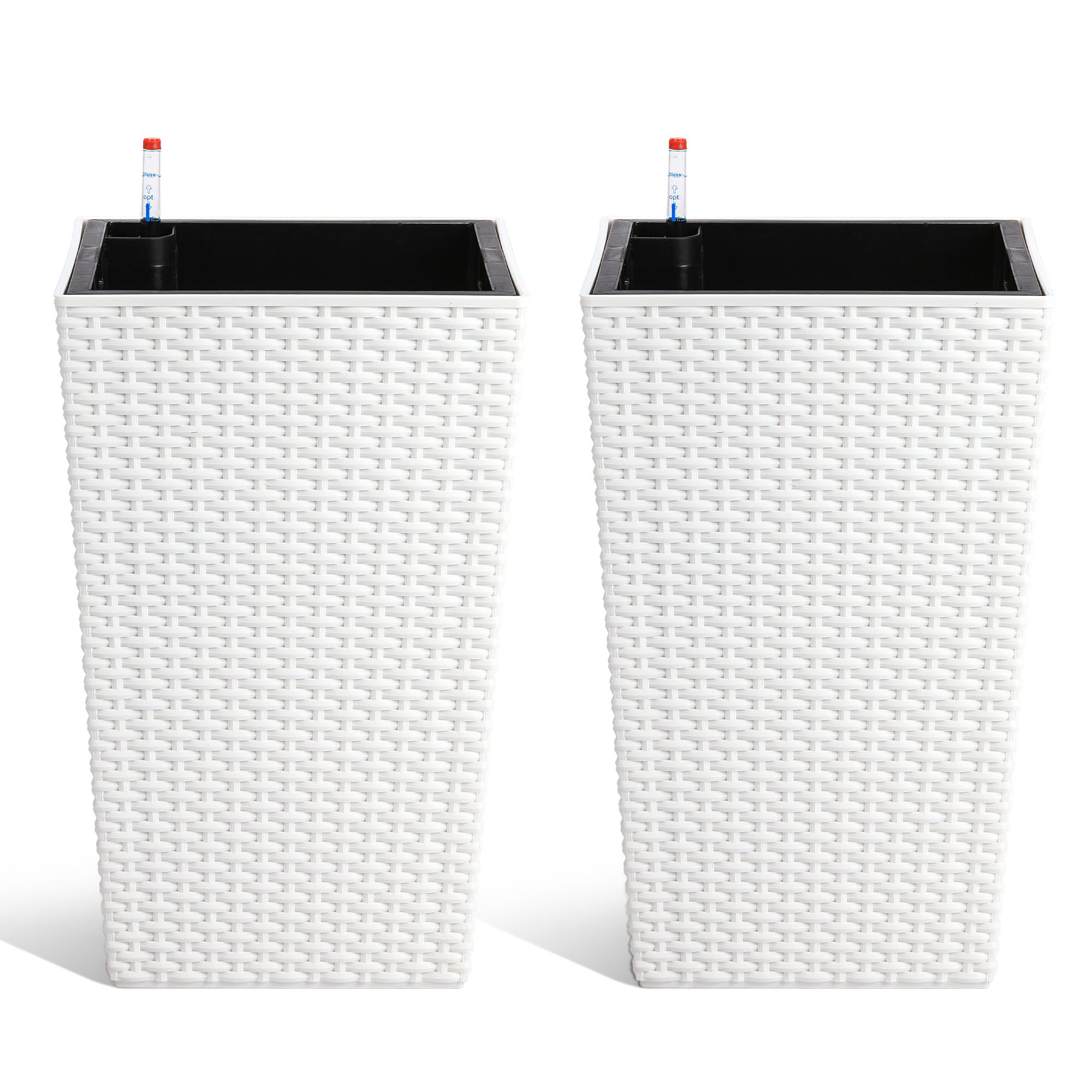 Garvee 16 Inch Tall Rattan Planter Set of 2 with Water Level Monitor & Wheels, Durable Weather-Resistant Plastic, Self-Watering, White, for Patio & Indoor