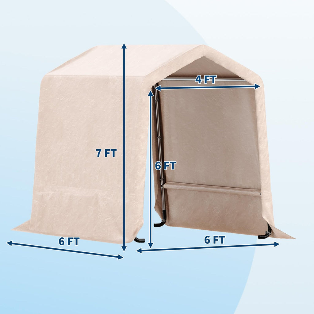 Garvee 6x6FT Outdoor Portable Storage Shed with Roll-Up Door & Vent, 240G Heavy-Duty Shelter Waterproof PE Tarp, UV-Resistant Storage Sheds for Motorcycle, Firewood, Garden and Tools, Khaki