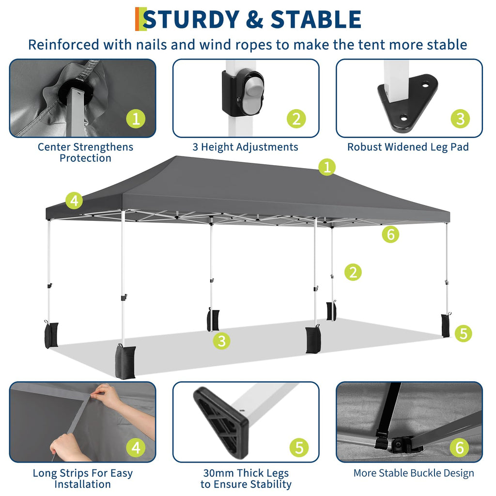 Garvee 10x20 Pop Up Canopy Tent Heavy Duty Waterproof with Roller Bag, Thickened Legs, 6 Sidewalls, Sandbags, Adjustable Height for Parties and Outdoor Events