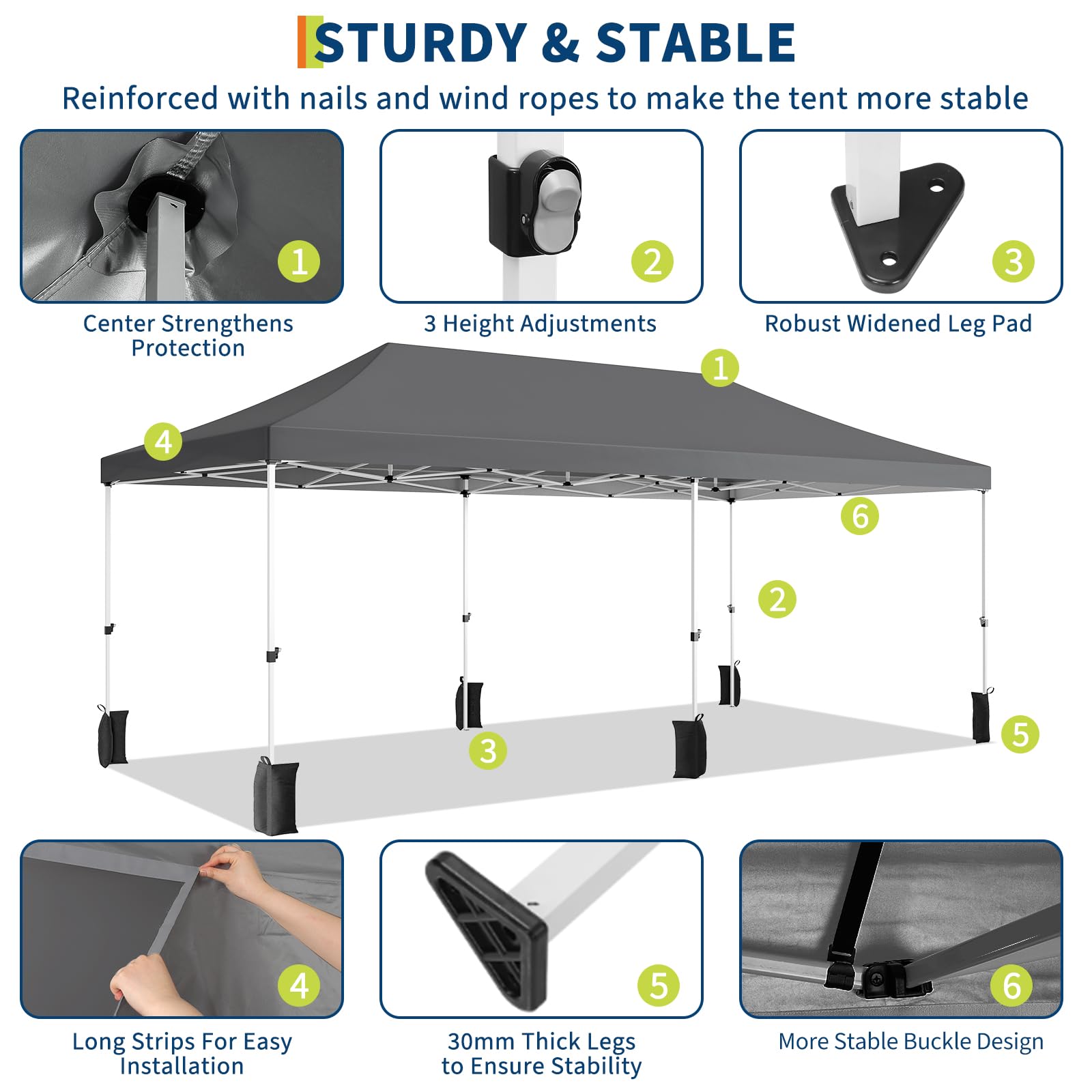 Garvee 10x20 Pop Up Canopy Tent Heavy Duty Waterproof with Roller Bag, Thickened Legs, 6 Sidewalls, Sandbags, Adjustable Height for Parties and Outdoor Events