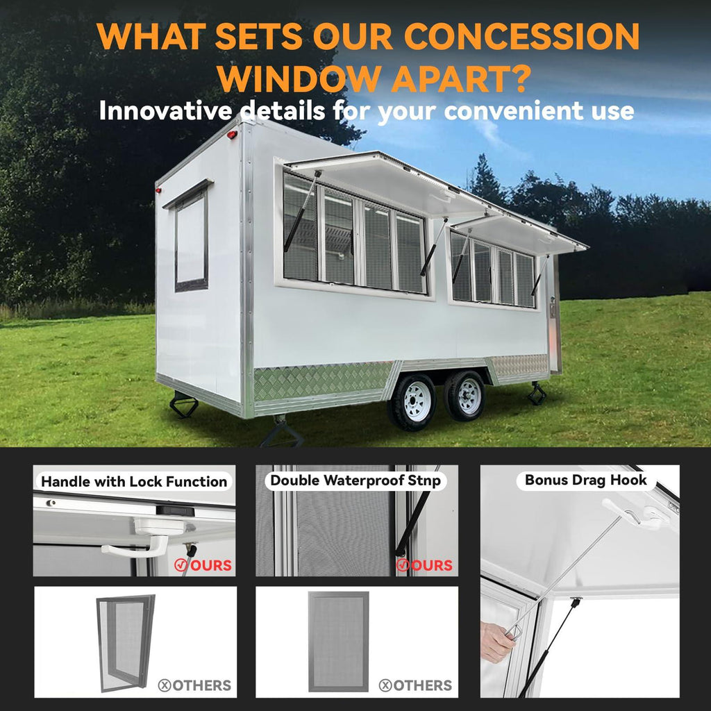 Garvee 36"x24" Concession Window, Aluminum Alloy with 4 Sliding Screens, Awning Door, Drag Hook for Food Trucks