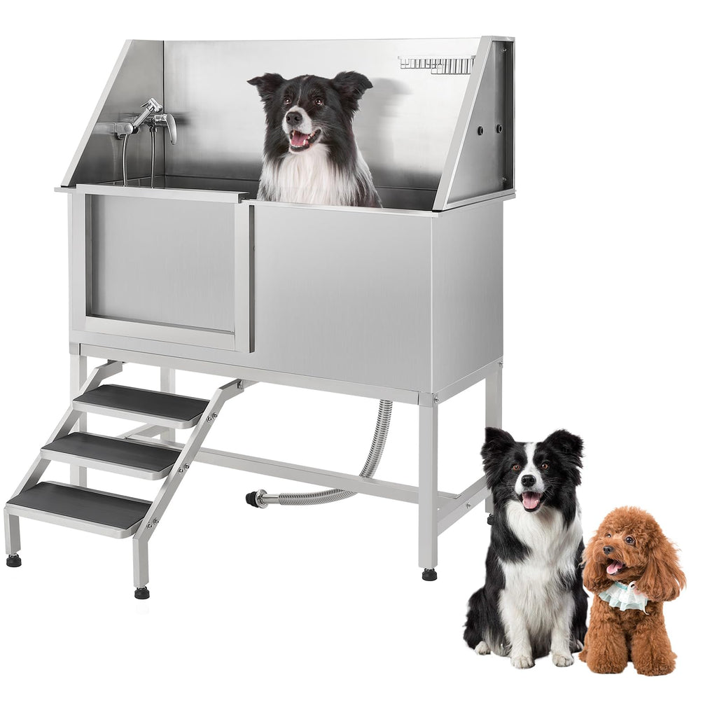 Garvee 60" Professional Stainless Steel Dog Washing Station, Dog Bathtub with Stairs, Non-Slip Grate, Durable & Rust-Resistant, Soap Box & Faucet, Large Medium Small Dogs, Home & Outdoor Grooming