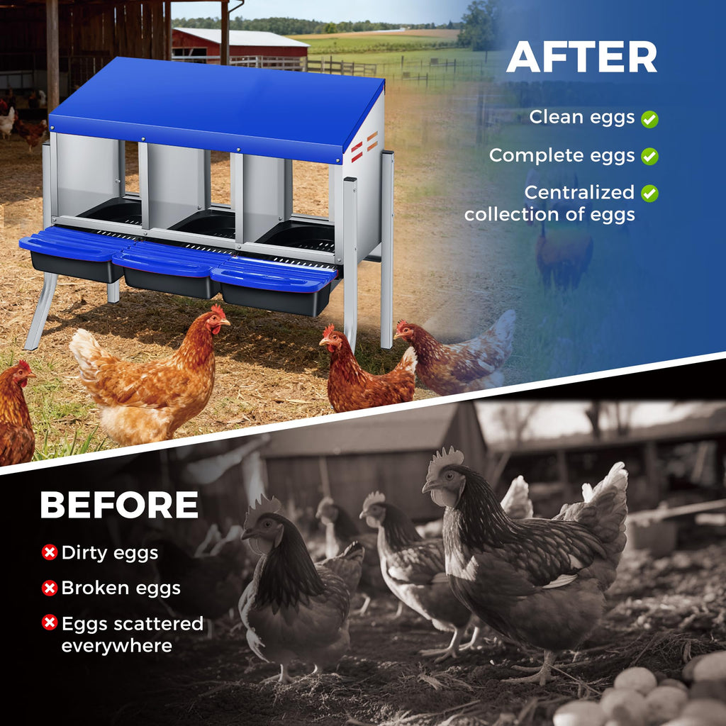 Garvee Chicken Nesting Boxes, 3 Hole with Legs Metal Wall Mount Roll Away Nest with Removable Trays and Roll Out Egg Collection for Chicken Coop