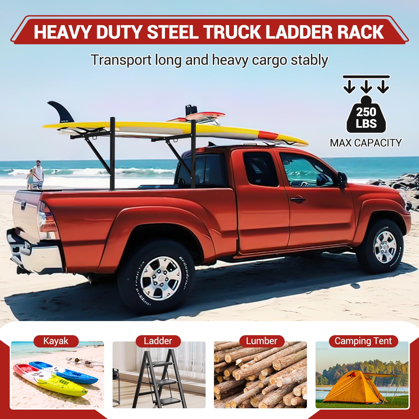 Garvee Adjustable Steel Truck Ladder Rack - 19-34in Width, 250lb Capacity, Non-Drilling Mount, Powder Coated, J-Bolt Clamps, Pickup Truck Bed