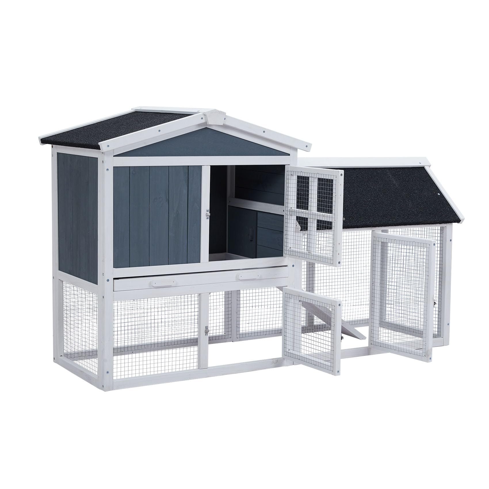 Garvee 54'' Rabbit Hutch Indoor Outdoor Rabbit Cage, Two Floors Wooden Rabbit Cage Indoor, Wooden Chicken Coop Guinea Pigs Pet House Cage with Run, Pull Out Tray, Asphalt Roof for Small Animals