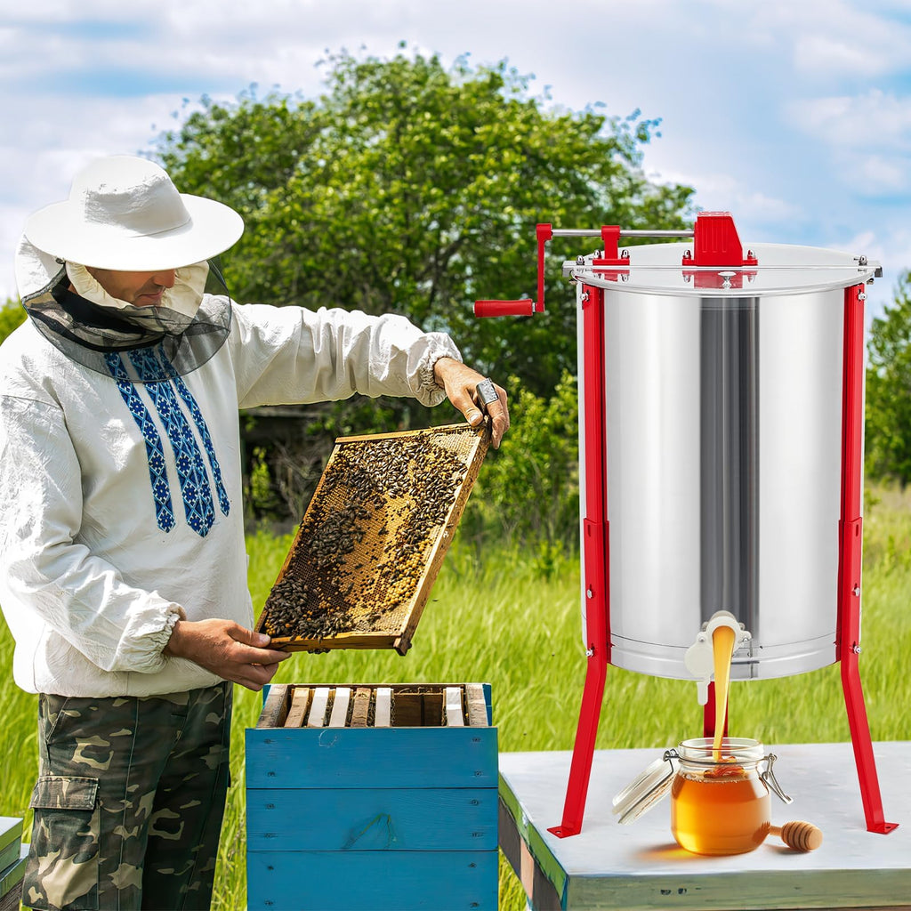 Garvee Manual Honey Extractor 4-Frame Stainless Steel with Adjustable Legs Transparent Lid Beekeeping Tool for Apiaries