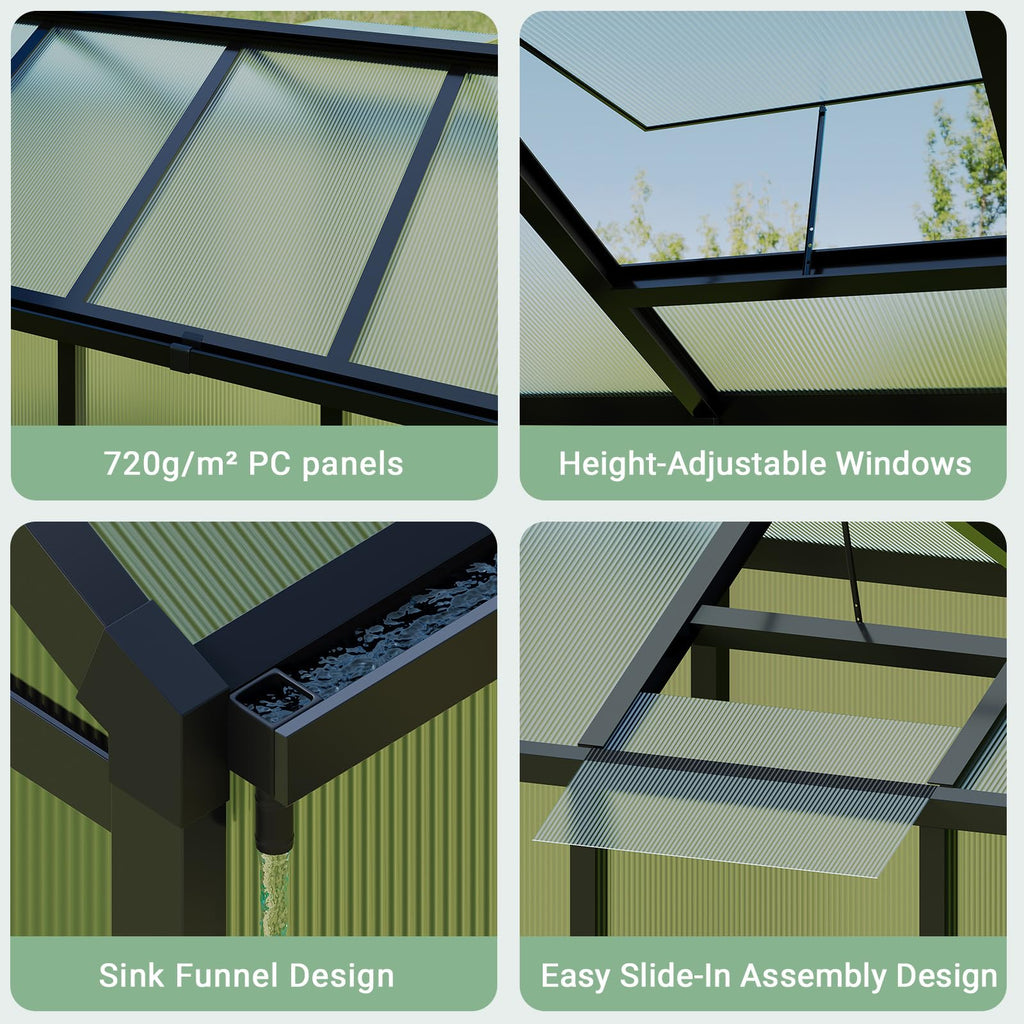 Garvee 6'x8' Polycarbonate Greenhouse with Aluminum Frame - Lockable Door & Adjustable Roof Vent for Backyard Garden, Patio, Outdoor Use, Black