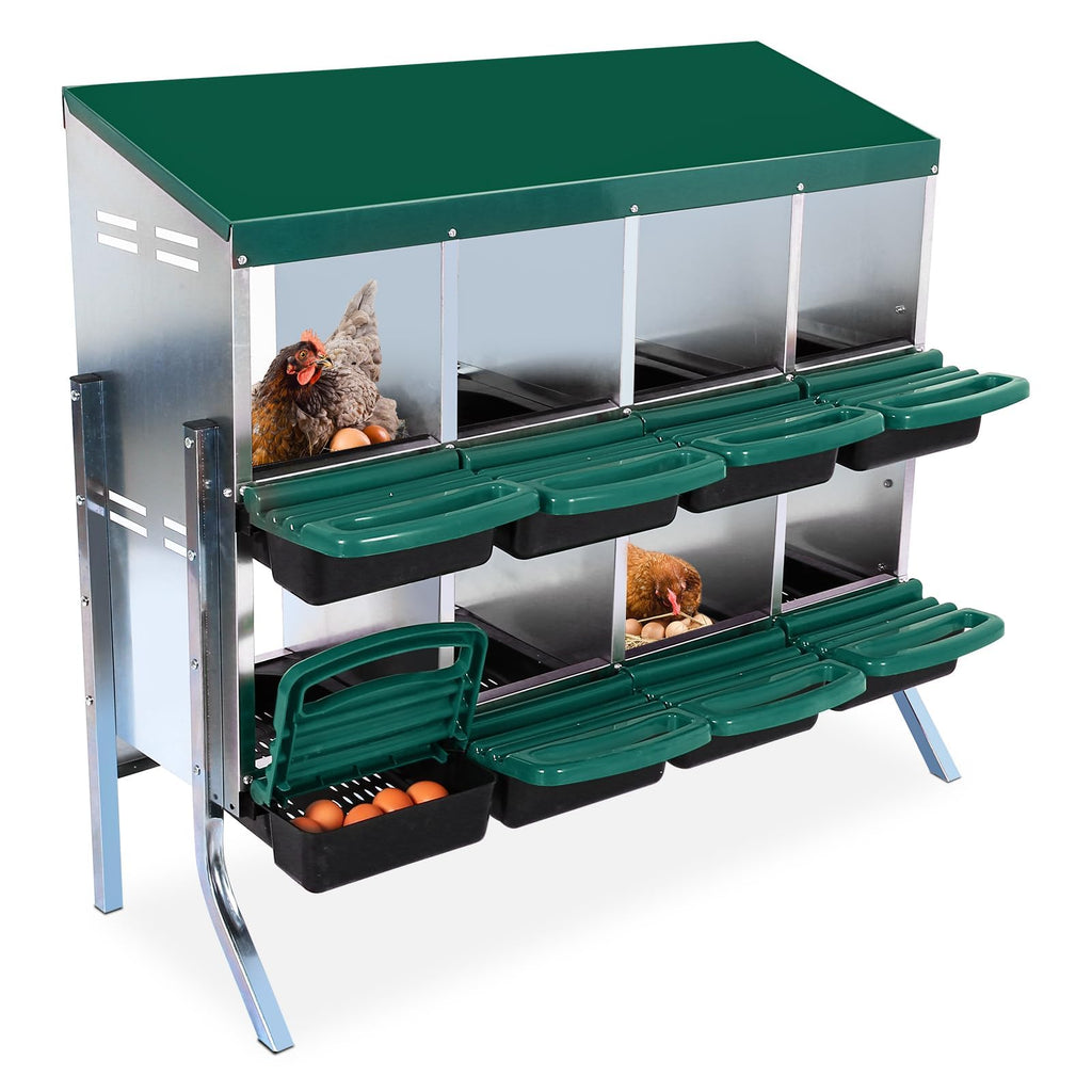 Garvee 8-Compartment Galvanized Steel Chicken Nest Box - 0.8mm Green w/Tilt Design, Vent Holes, Removable Trays & Stand for Coops