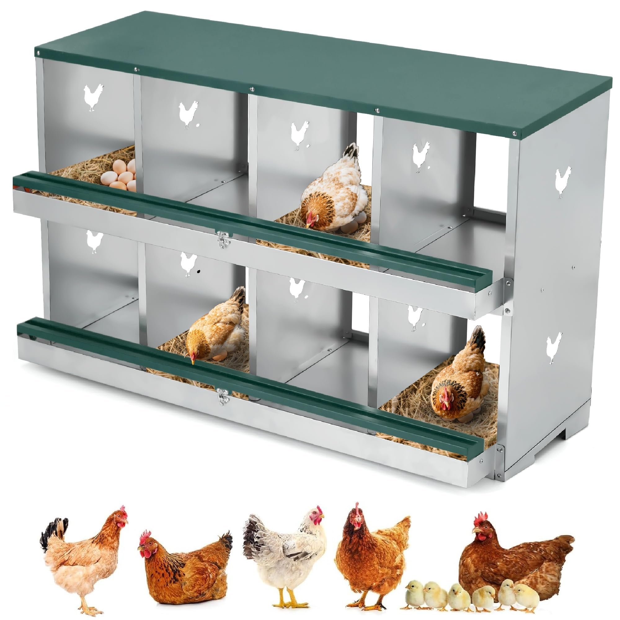 Garvee Chicken Nesting Box 8 Holes Heavy Duty Galvanized Steel Two-Tier Egg Collection Manual Included for Chicken Coop