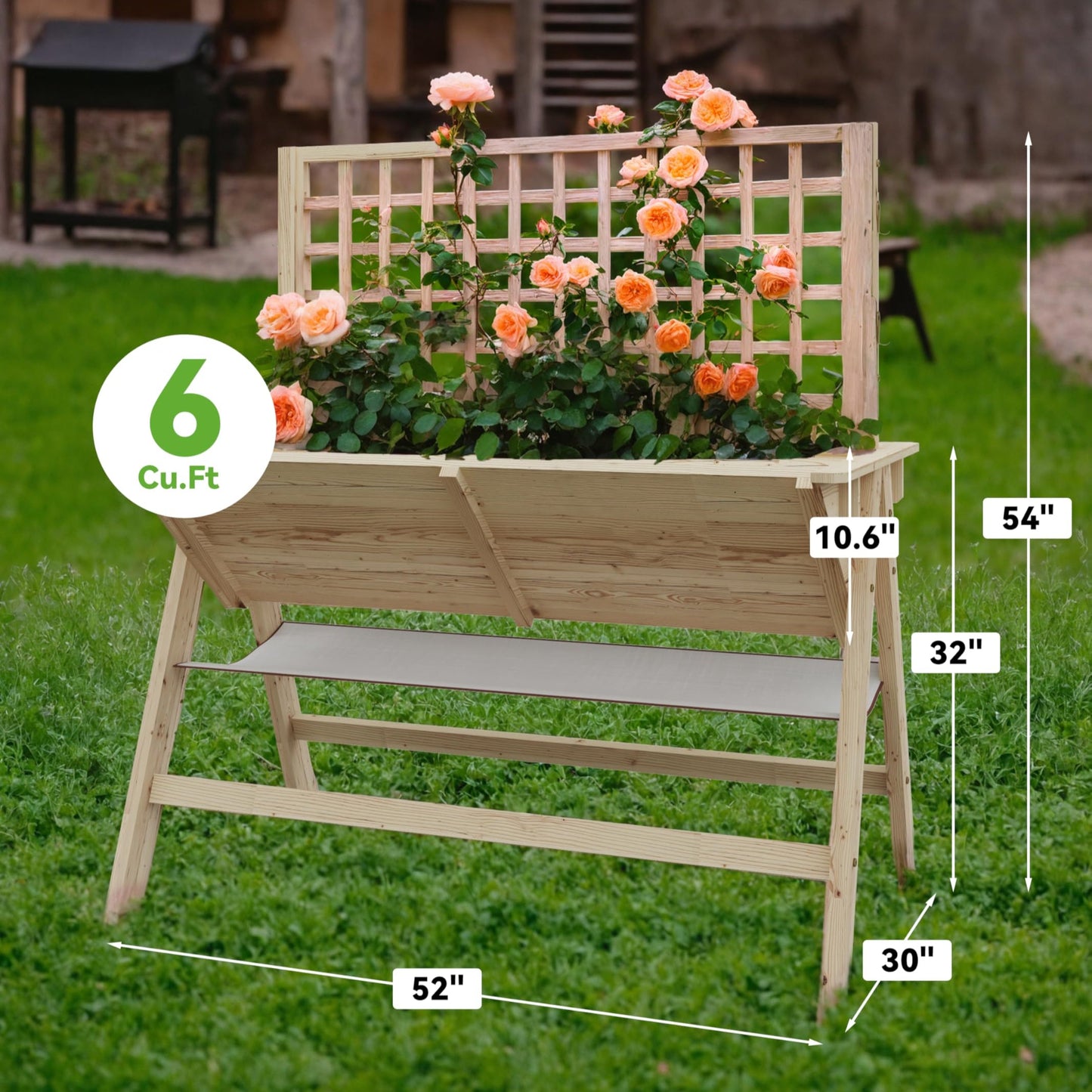 Garvee 52x30x54in Raised Garden Bed with Legs, Elevated Wooden Raised Planter Box with Vine Climbing Trellis Outdoor Standing Growing Bed for Growing Vegetables Flowers Herbs
