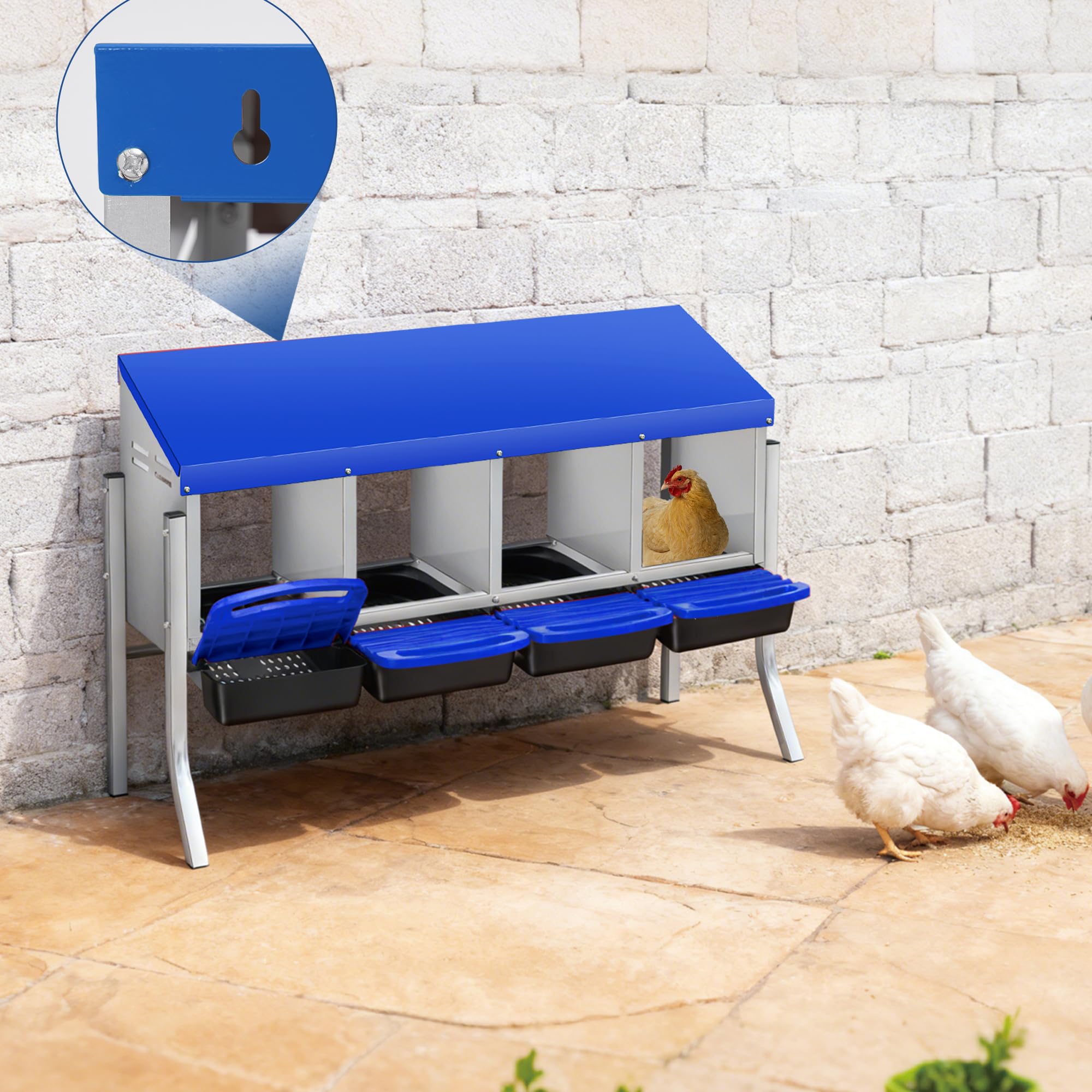 Garvee Chicken Nesting Boxes, 4 Hole with Legs Metal Wall Mount Roll Away Nest with Removable Trays and Roll Out Egg Collection for Chicken Coop
