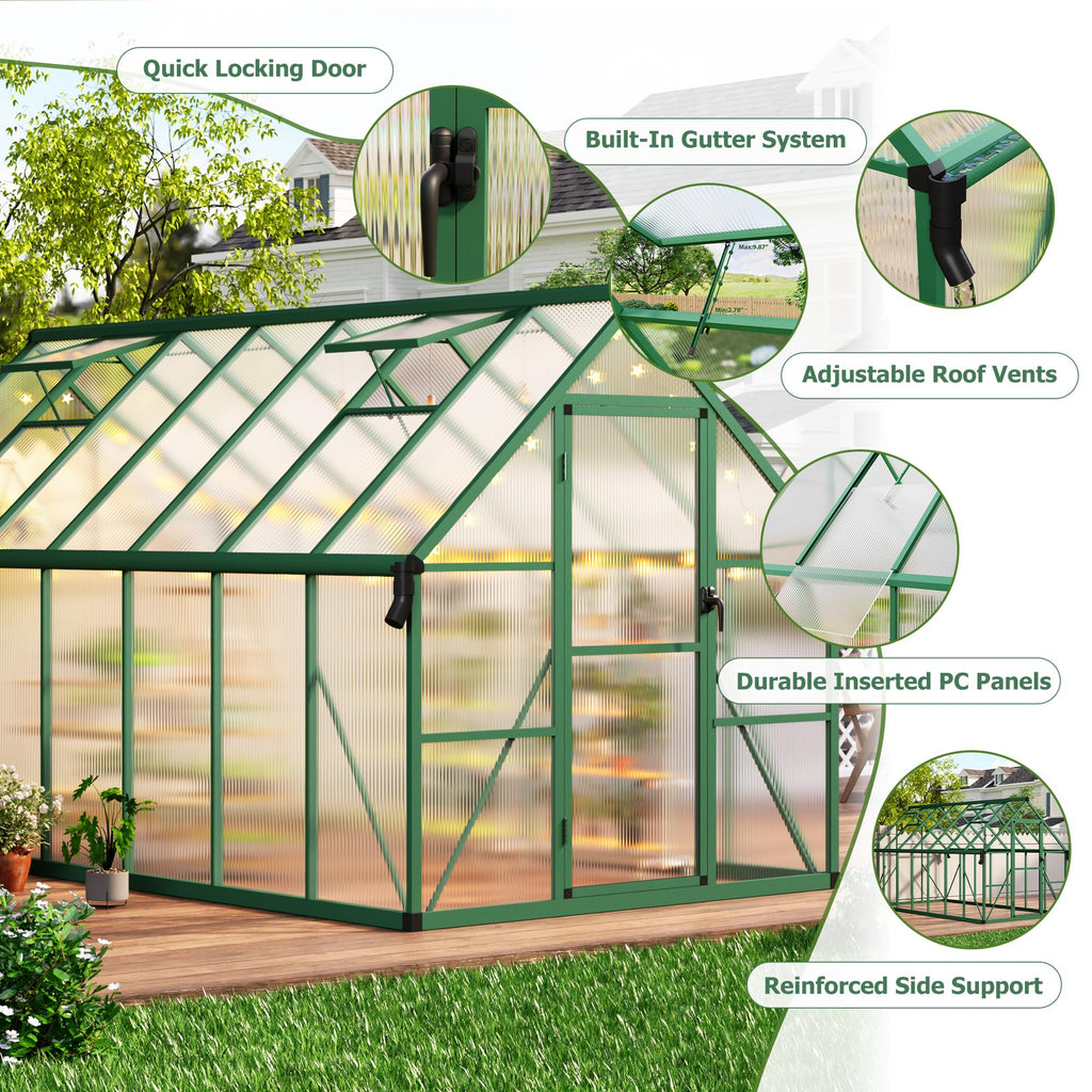Garvee Spacious 8x14 FT Polycarbonate Greenhouse for Backyard – Large Aluminum Walk-In Grow Tent, Roof Vent, Ground Stakes, Lockable Push Door, For Garden Plants, Color: Green