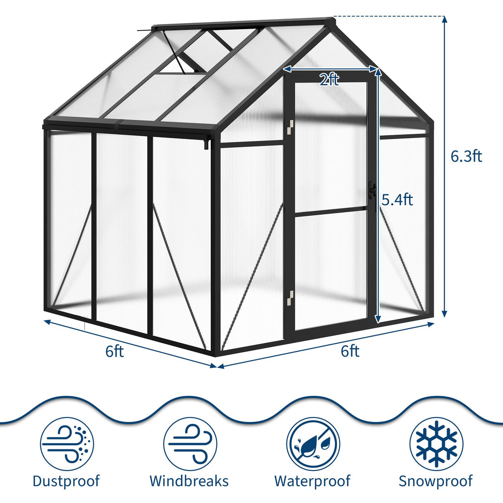Garvee 6'x6' Outdoor Greenhouse Small Walk-in with Adjustable Ventilation Lockable Door Windproof Aluminum Frame Durable Polycarbonate Panels Backyard Gardening
