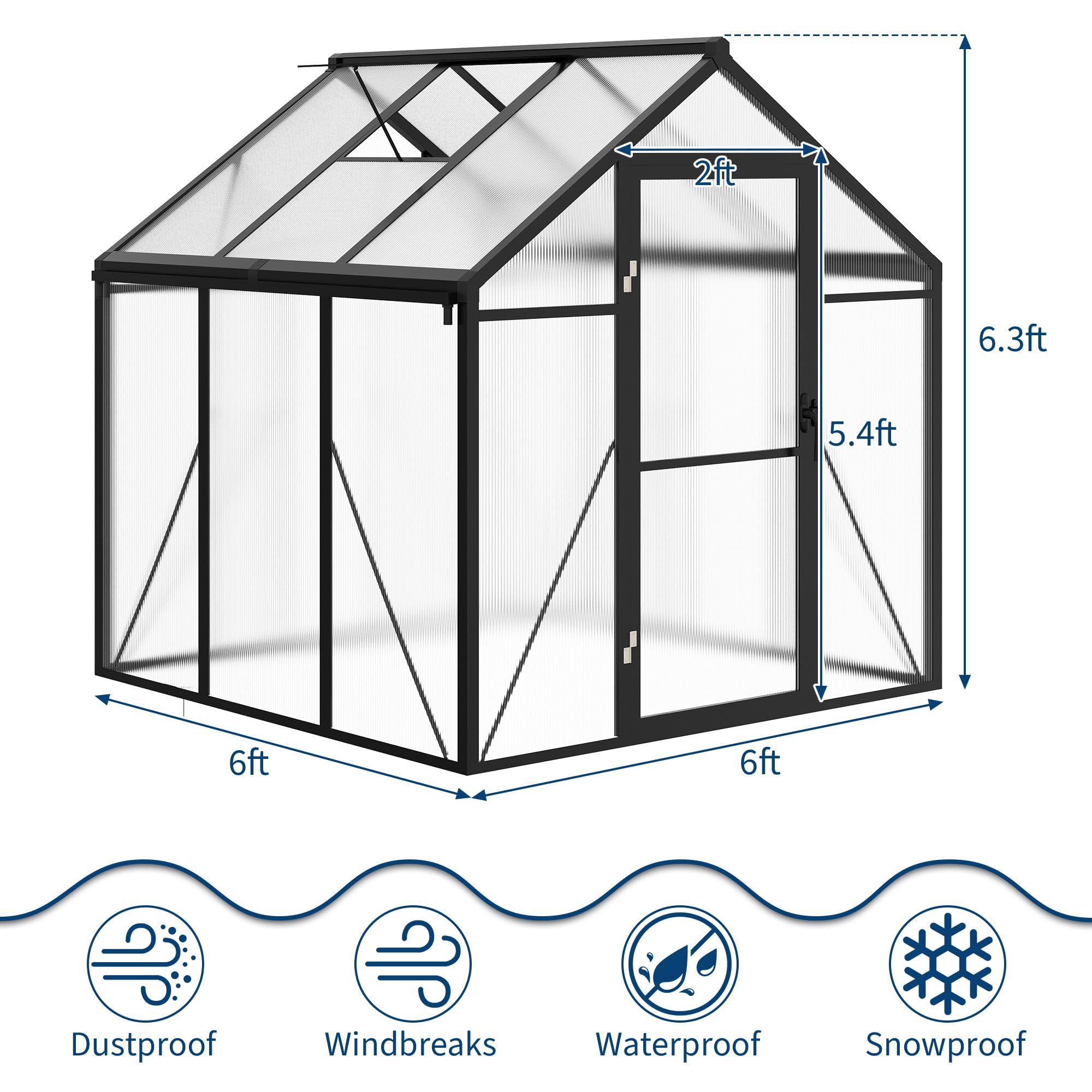 Garvee 6'x6' Outdoor Greenhouse Small Walk-in with Adjustable Ventilation Lockable Door Windproof Aluminum Frame Durable Polycarbonate Panels Backyard Gardening