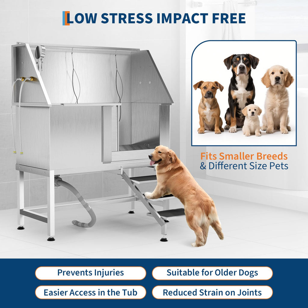 Garvee 50" Stainless Steel Dog Wash Tub, Dog Grooming Bathing Station with Non-Slip Stairs & Floor Grate, Large, Medium & Small Pets Bathtub for Grooming Salon/Home Use, Right-Side