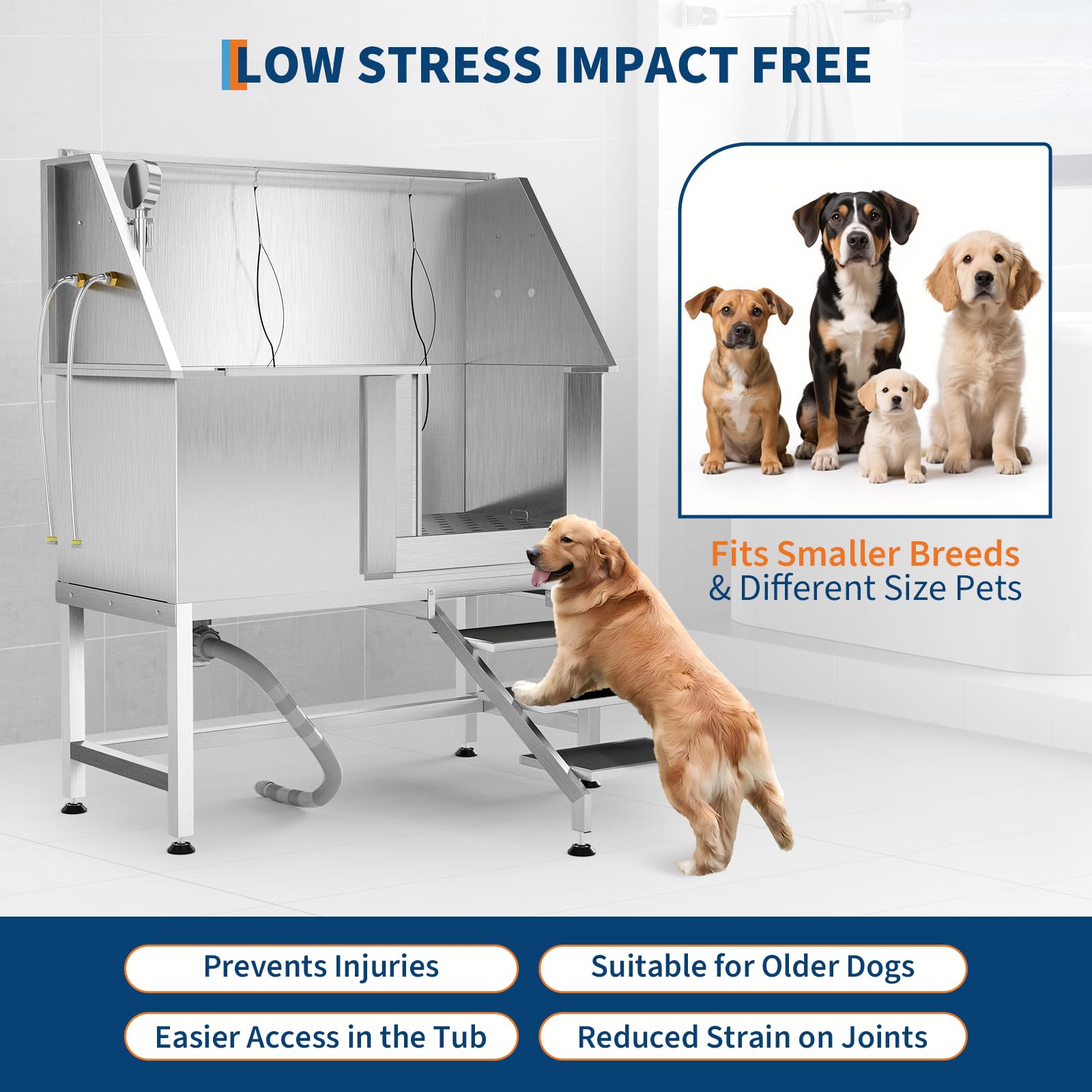 Garvee 50" Stainless Steel Dog Wash Tub, Dog Grooming Bathing Station with Non-Slip Stairs & Floor Grate, Large, Medium & Small Pets Bathtub for Grooming Salon/Home Use, Right-Side