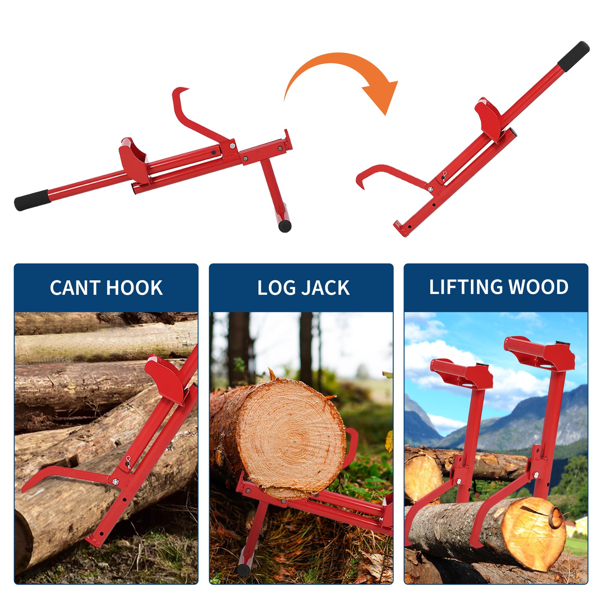 Garvee 3-IN-1 Logging Tool Cant Hook Log Hauler Timberjack Carbon Steel Red Durable Versatile Firewood Harvesting