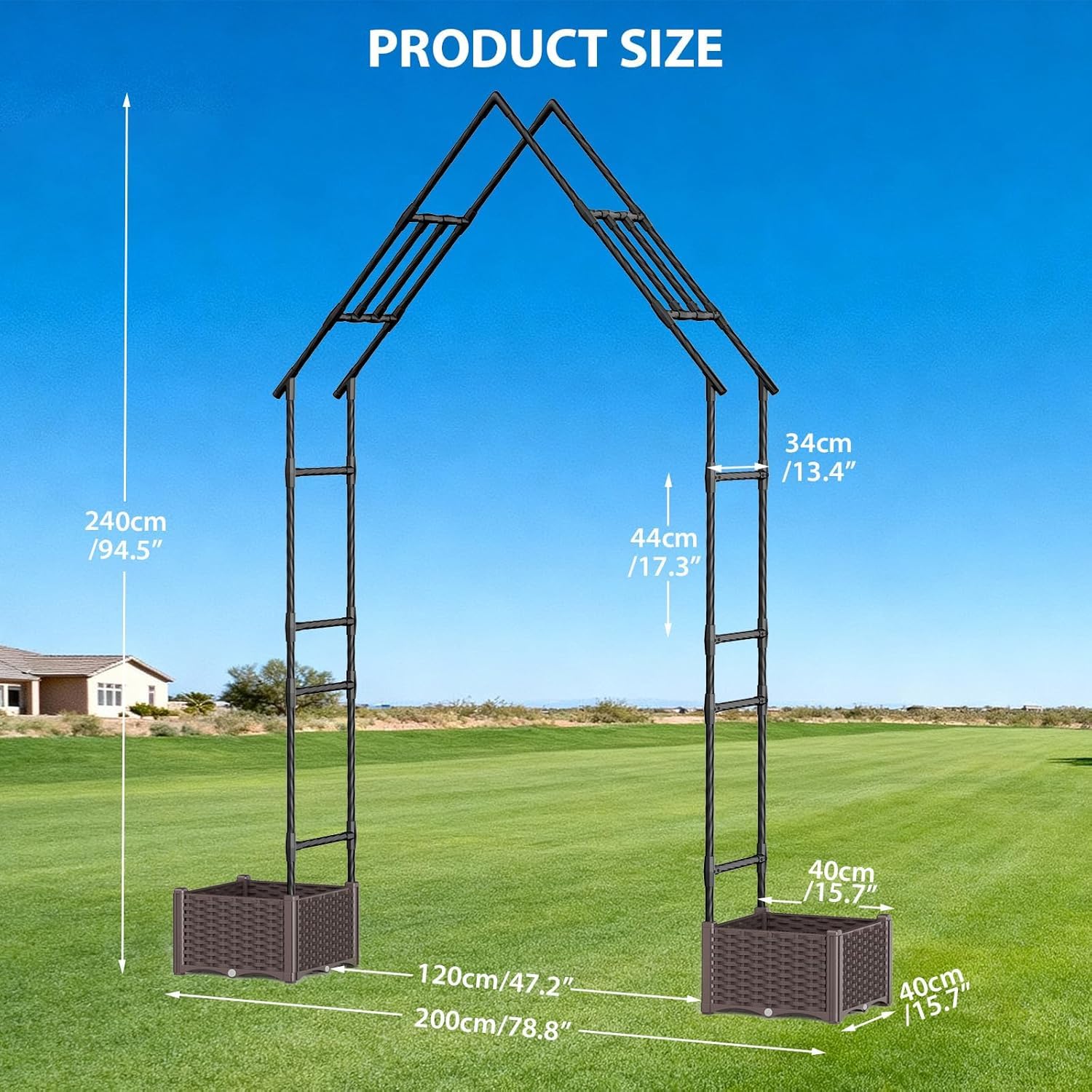Garvee Weather-Resistant Metal Garden Arbor Trellis with Dual Planter Boxes – 94" Decorative Outdoor Archway for Climbing Plants, Lawn, Backyard, Patio – Sturdy Frame, Easy Assembly – Color: Black