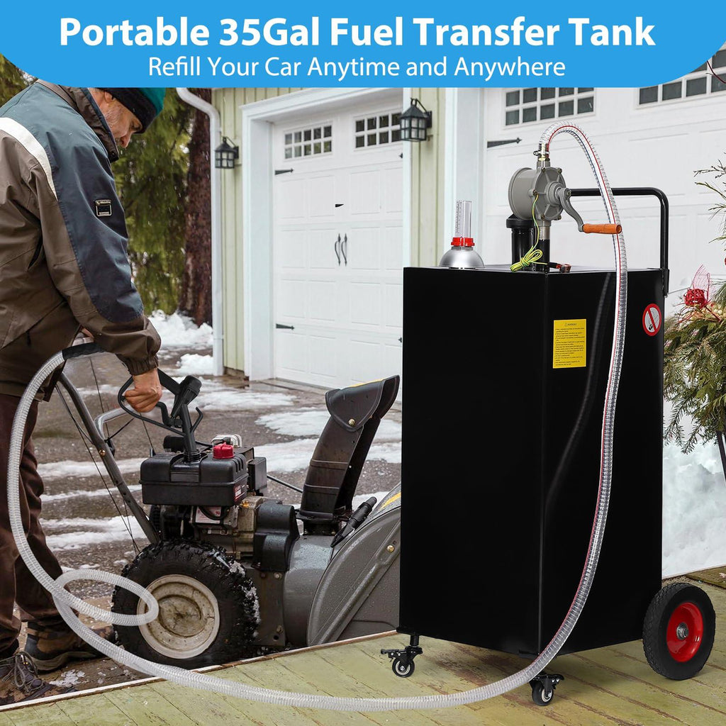 Garvee 35 Gallon Portable Fuel Caddy Heavy-Duty Gasoline Diesel Transfer Tank Manual Pump Spill-Proof Leak-Free 4-Wheel Mobile Farm Truck Boat Use