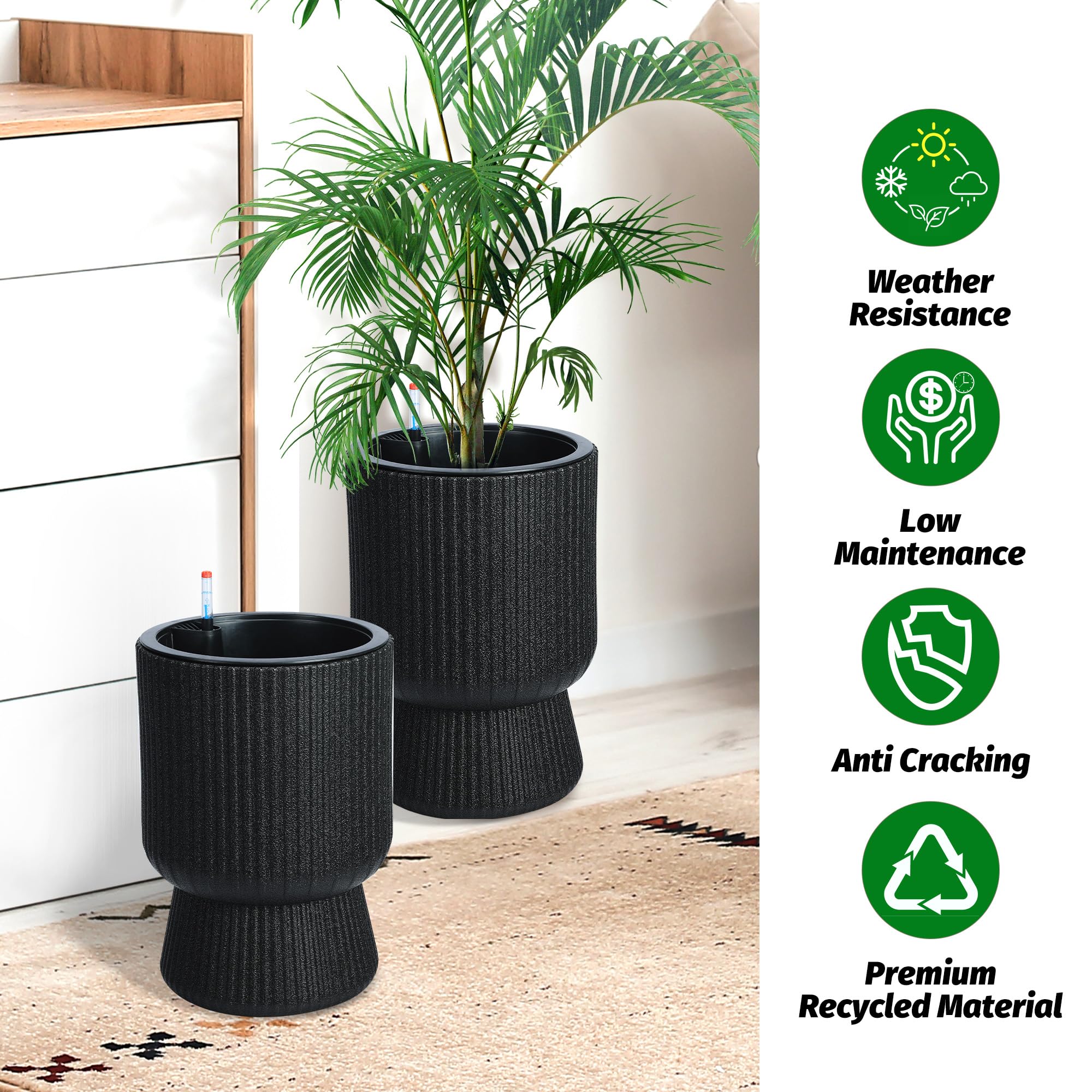 Garvee 14 Inch Self Watering Plant Pots with Drainage Holes, Water Level Monitor, Tall Indoor Planters, Freeze-Proof UV Material, Ideal for Patio & Porch