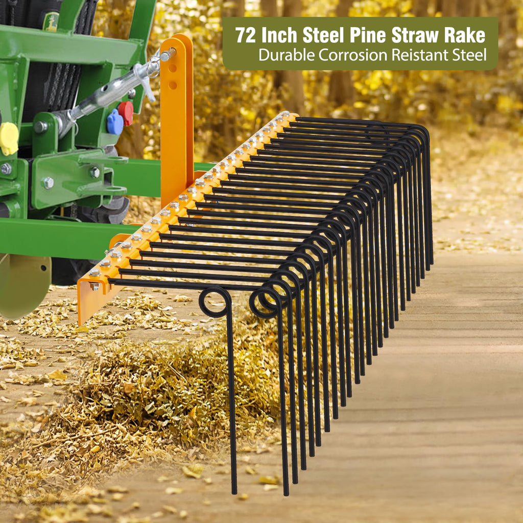 GARVEE 72" Pine Straw Rake - 30 Spring Tines, Powder Coated Steel, 3-Point Hitch Cat 0/1 (Tow Behind for Yard Cleanup/Dethatching)