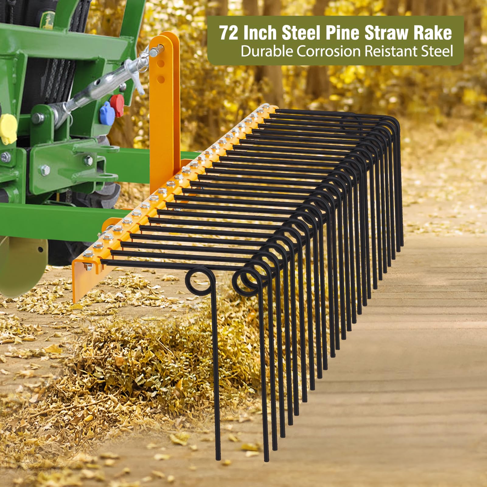 GARVEE 72" Pine Straw Rake - 30 Spring Tines, Powder Coated Steel, 3-Point Hitch Cat 0/1 (Tow Behind for Yard Cleanup/Dethatching)