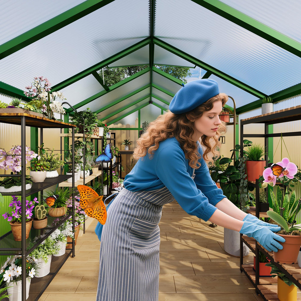 Garvee 6x10 FT Walk-in Greenhouse Polycarbonate Panels Aluminum Frame Roof Vent Ground Nails Backyard Garden